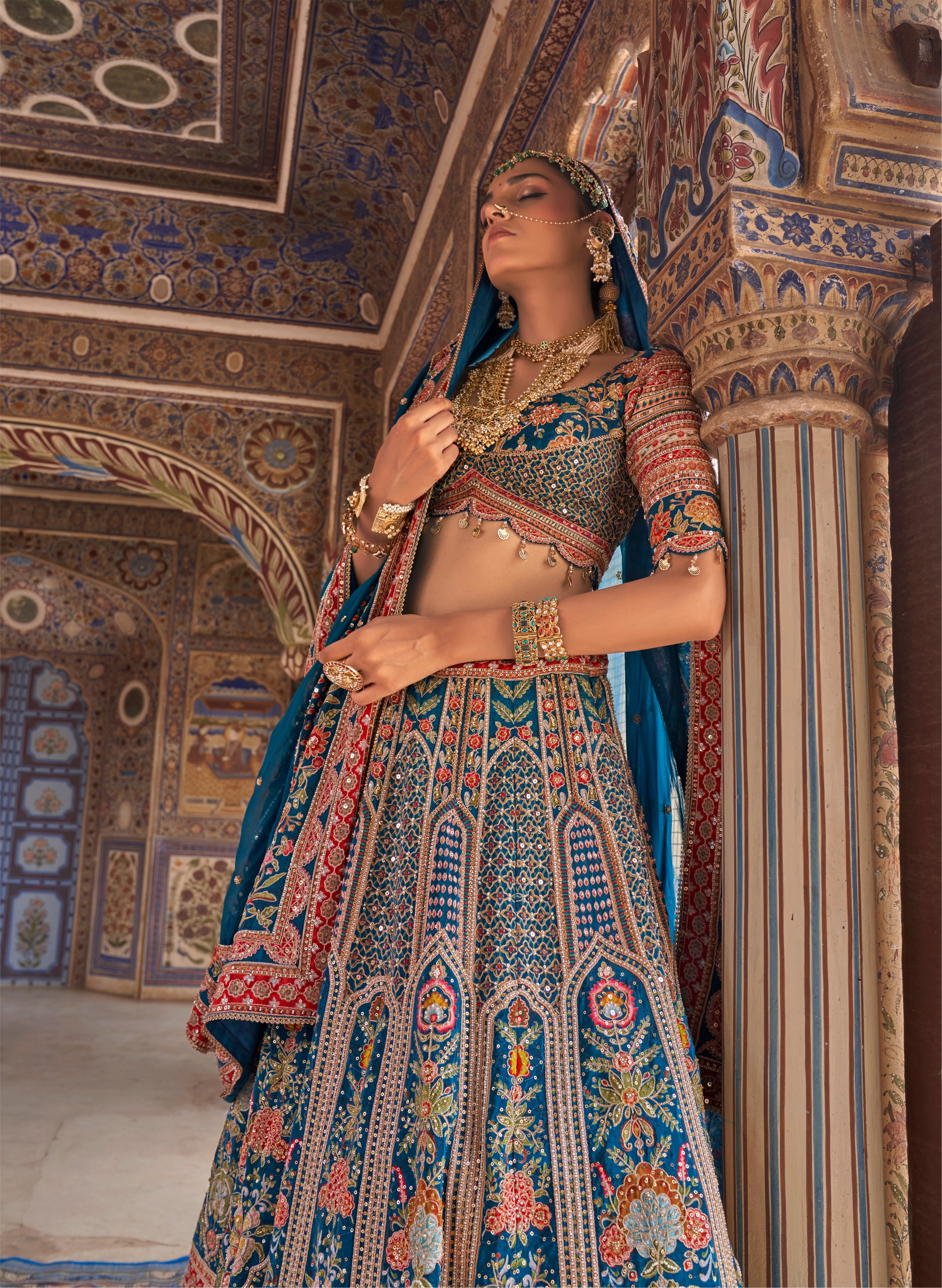 Teal Royalty | Teal Blue Pure Silk Bridal Zardozi Lehenga Choli | Palkhi Fashion