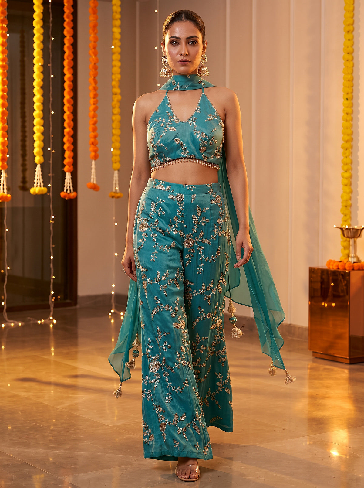 Teal Radiance | Teal Embroidered Crop Top Pant Set with Cutdana | Palkhi Fashion