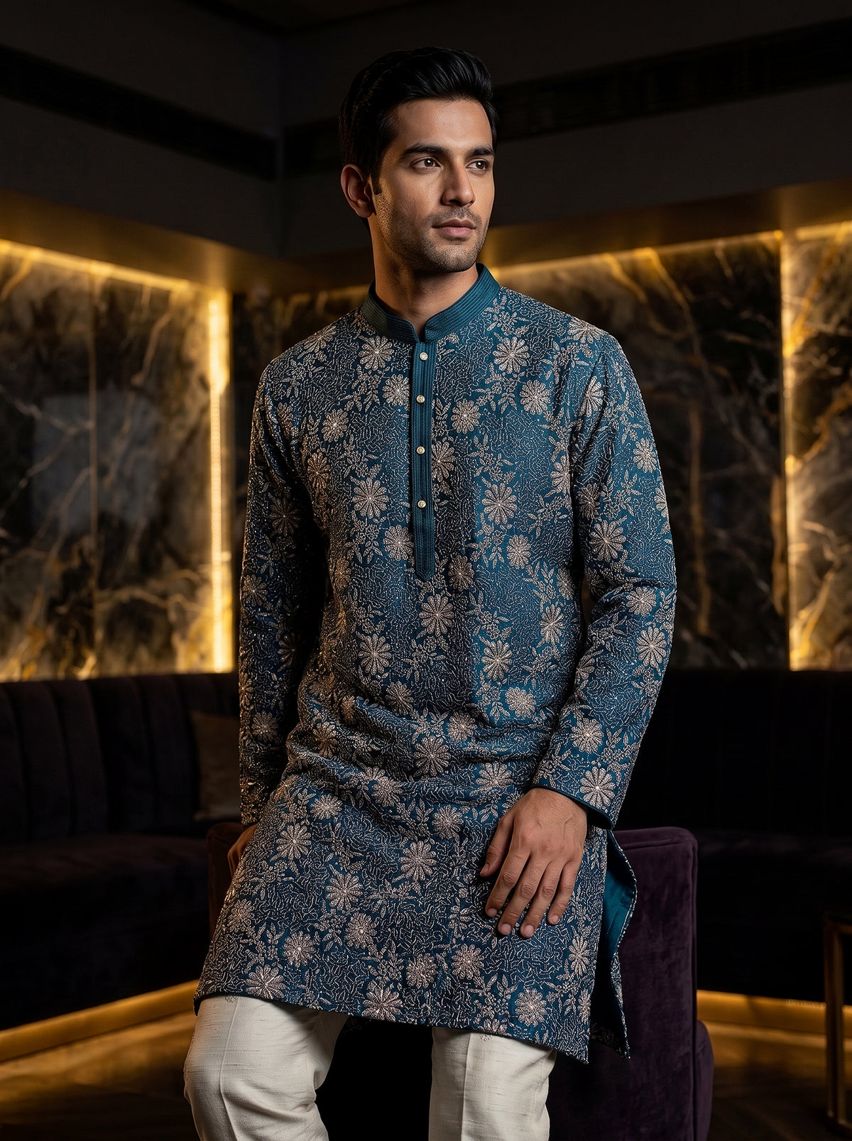 Teal Majesty | Teal Embroidered Kurta Set with Cutdana Work | Palkhi Fashion