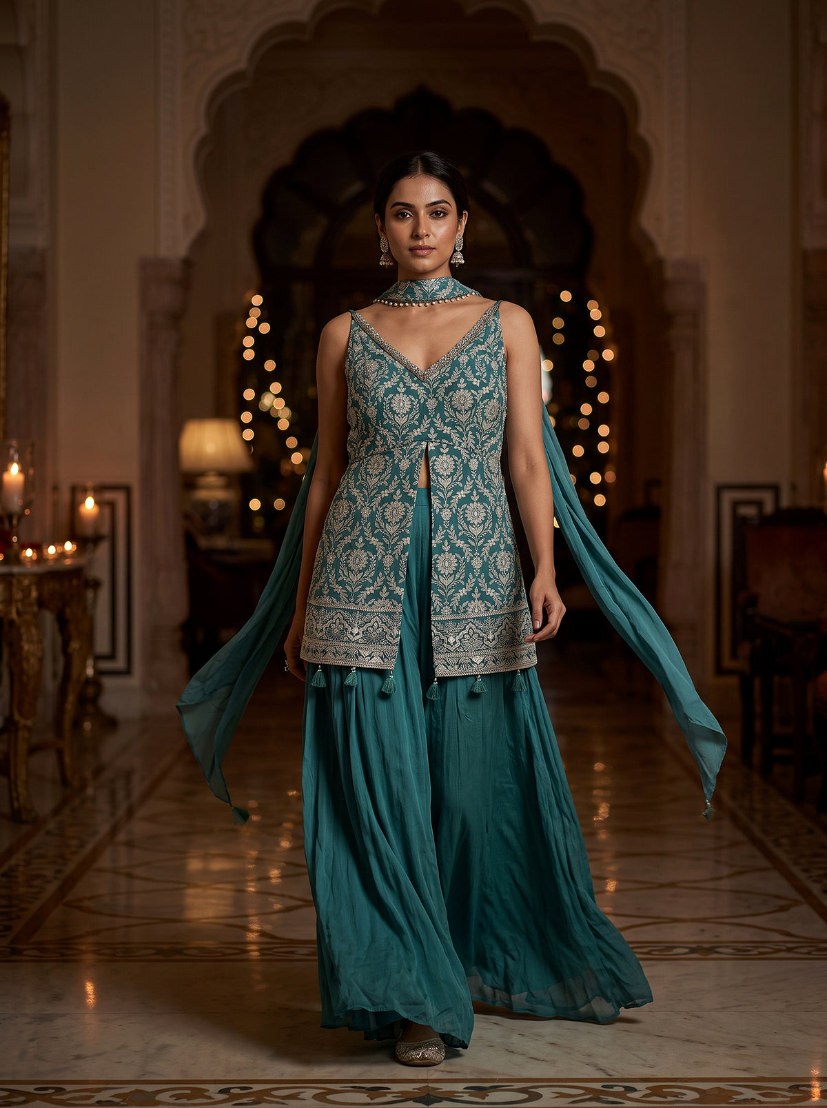 Radiant Teal | Teal Floral Embroidered Indo-Western Palazzo Set with Choker Dupatta | Palkhi Fashion
