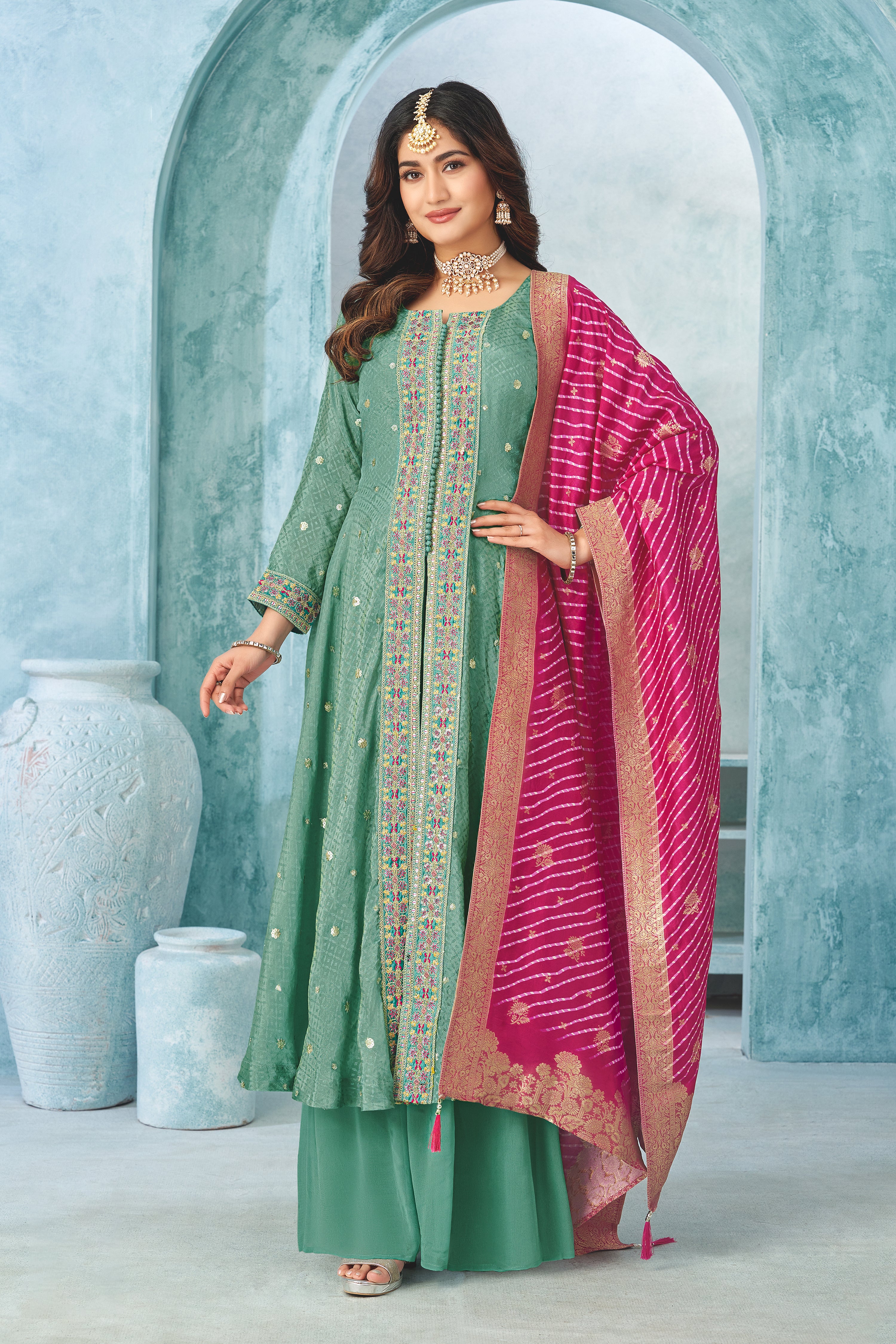 Teal Front Slit Palazzo Suit with Rani Pink Leheriya Silk Dupatta – Palkhi Fashion