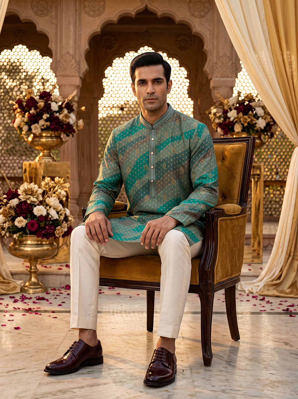 Regal Heritage | Teal Silk Blend Kurta Set with Leheriya Jacquard Weave | Palkhi Fashion