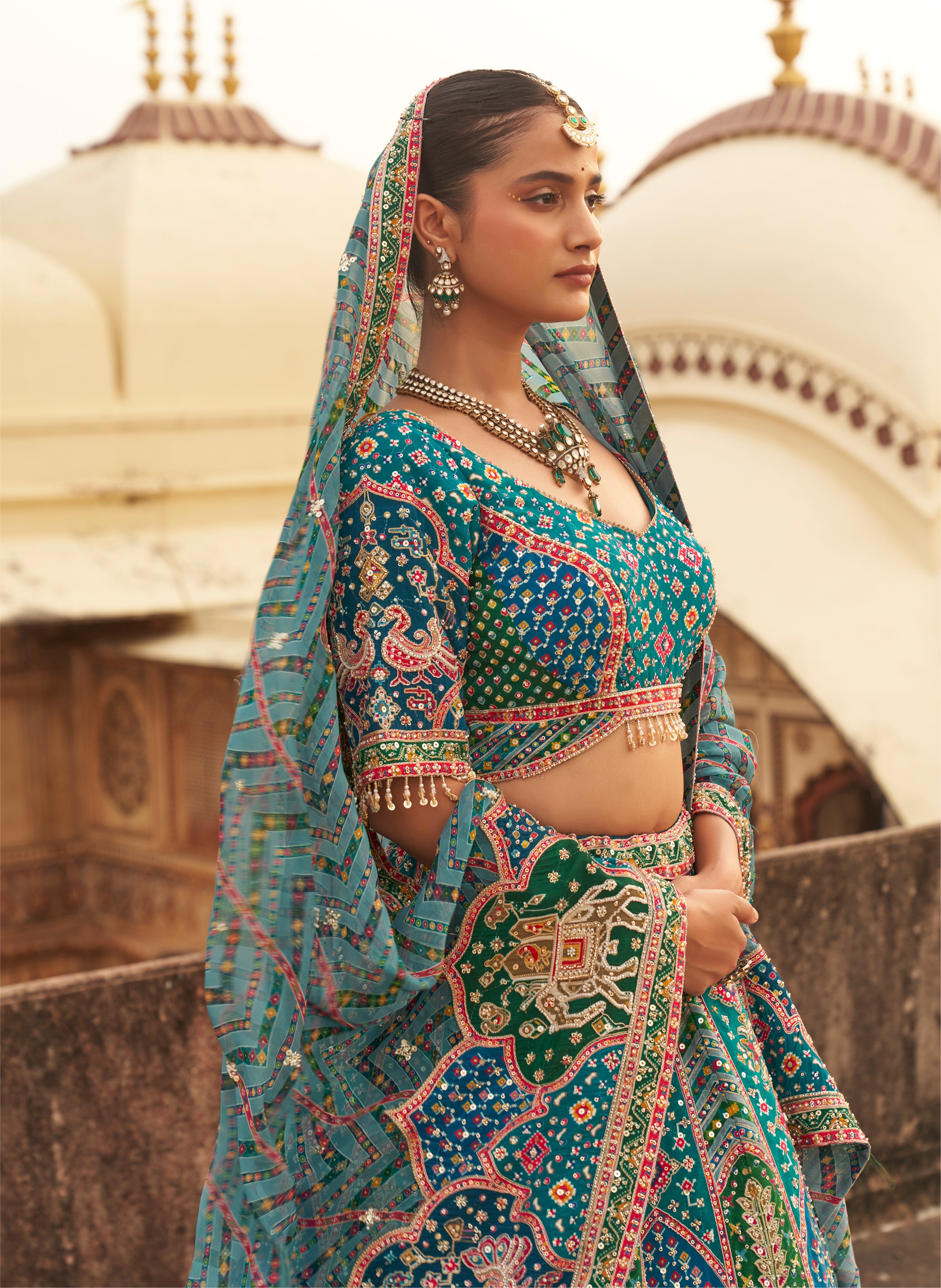 Radiant Heritage | Teal Pure Silk Patola Lehenga Choli with Zardozi Work | Palkhi Fashion