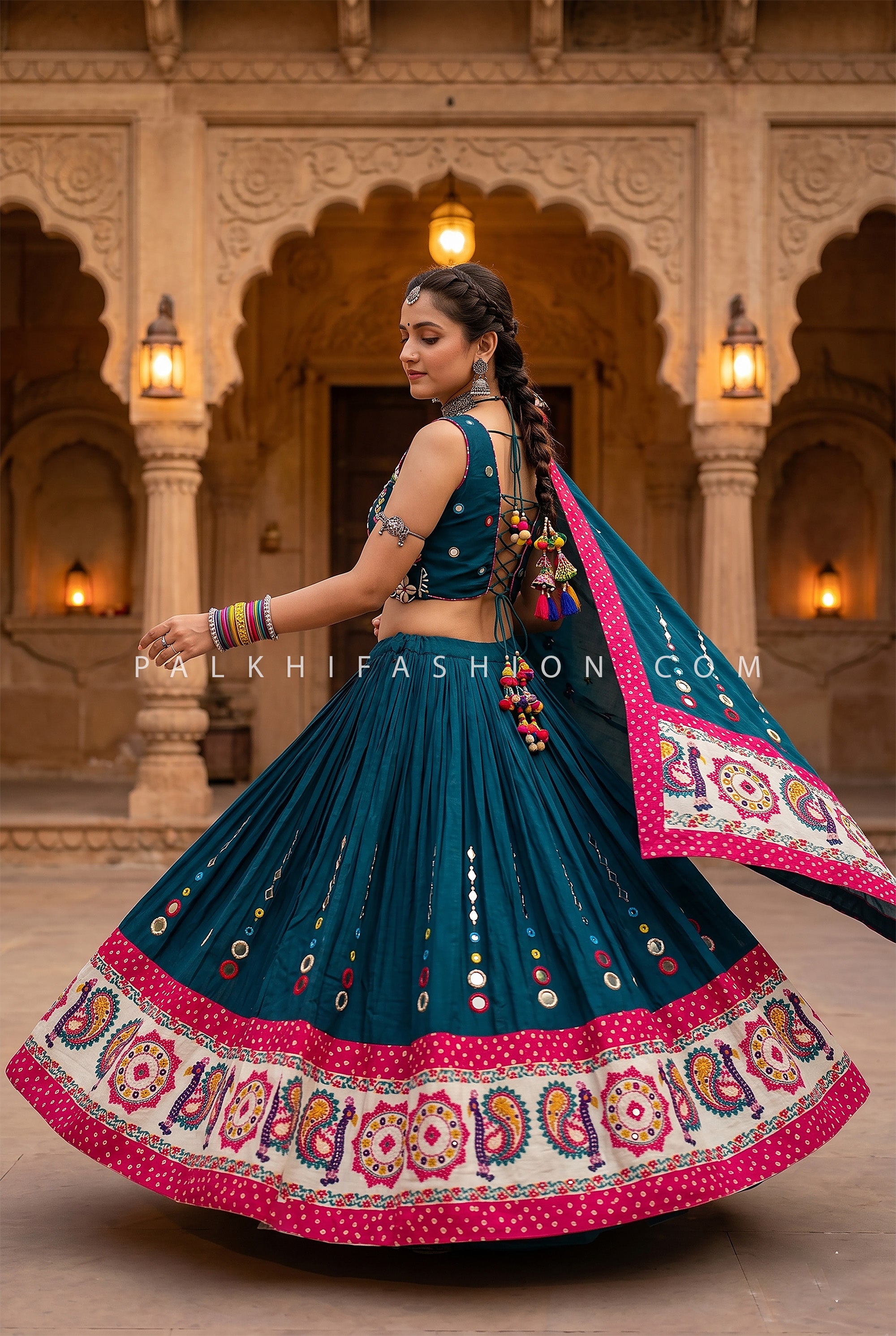 Royal Peacock Grace – Teal Blue Mirror Work Navratri Chaniya Choli | Palkhi Fashion