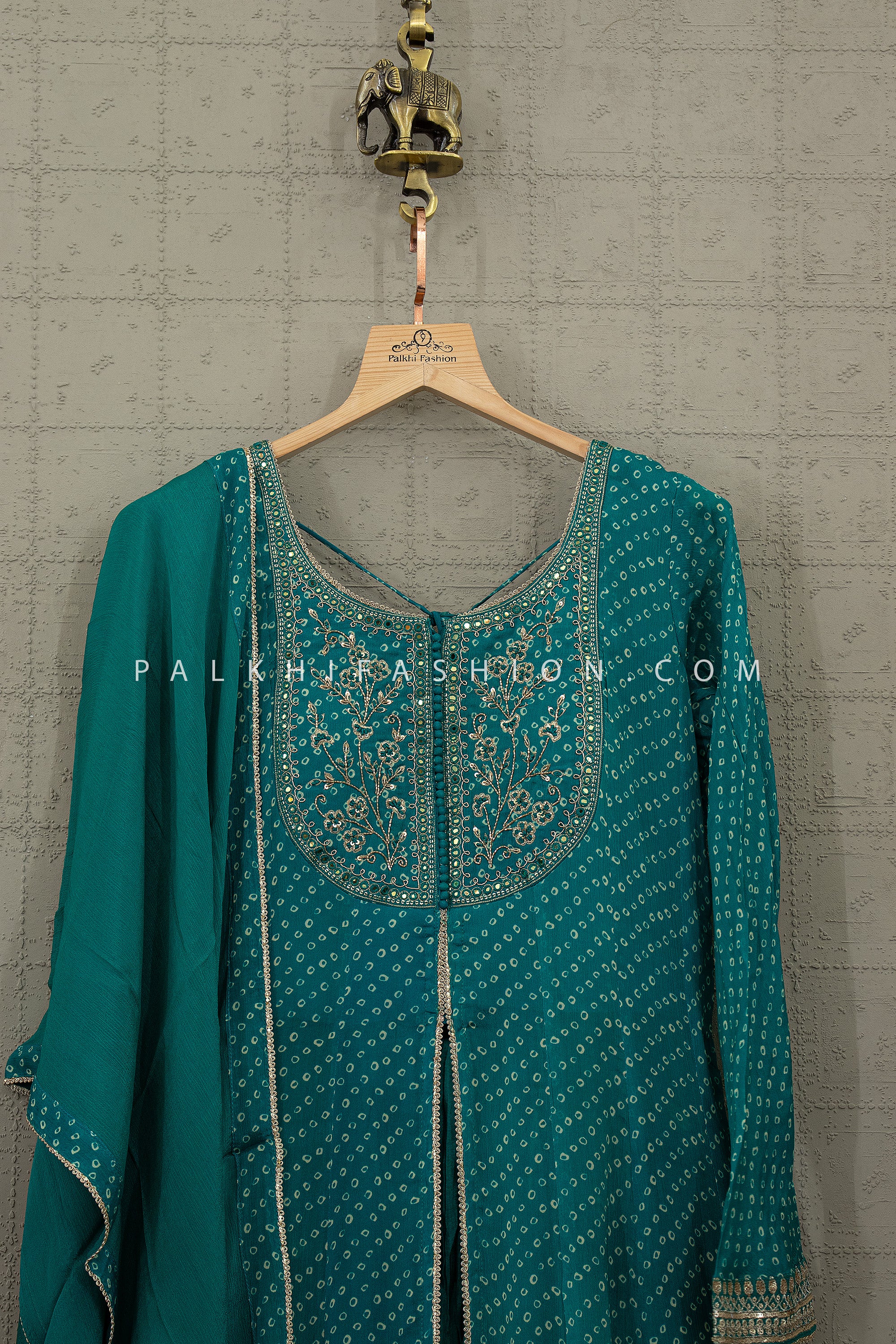 Regal Revival – Teal Green Bandhej Front Slit Suit with Palazzo & Dupatta | Palkhi Fashion