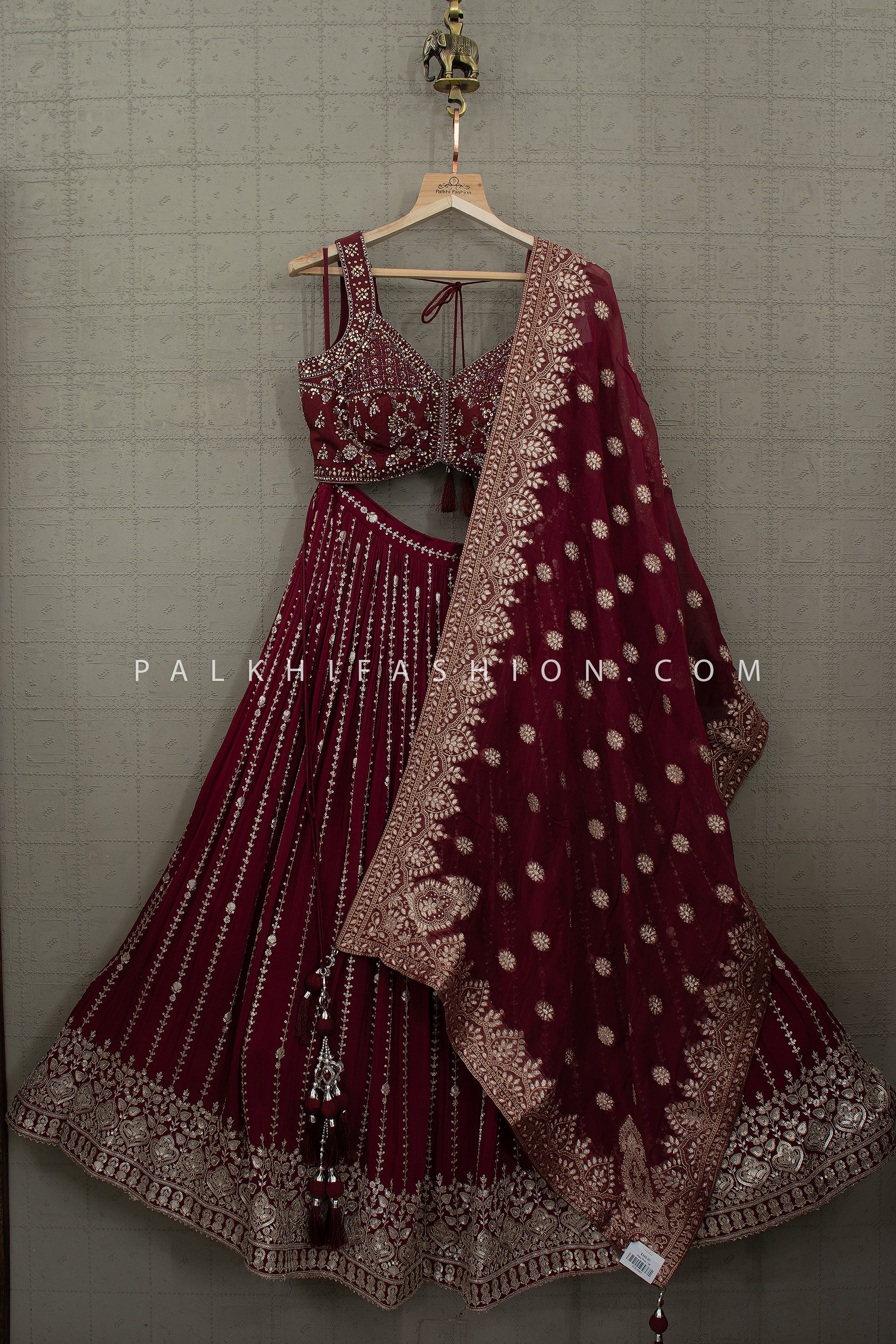 Regal Radiance – Wine Lehenga Choli with Mirror & Kundan Handwork Blouse | Palkhi Fashion