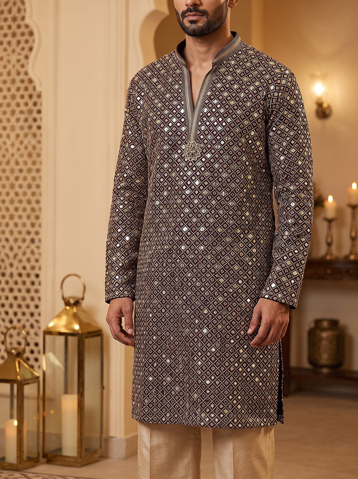 Majestic Aura | Wine Georgette Foil Mirror Work Kurta Set with Korean Pants | Palkhi Fashion