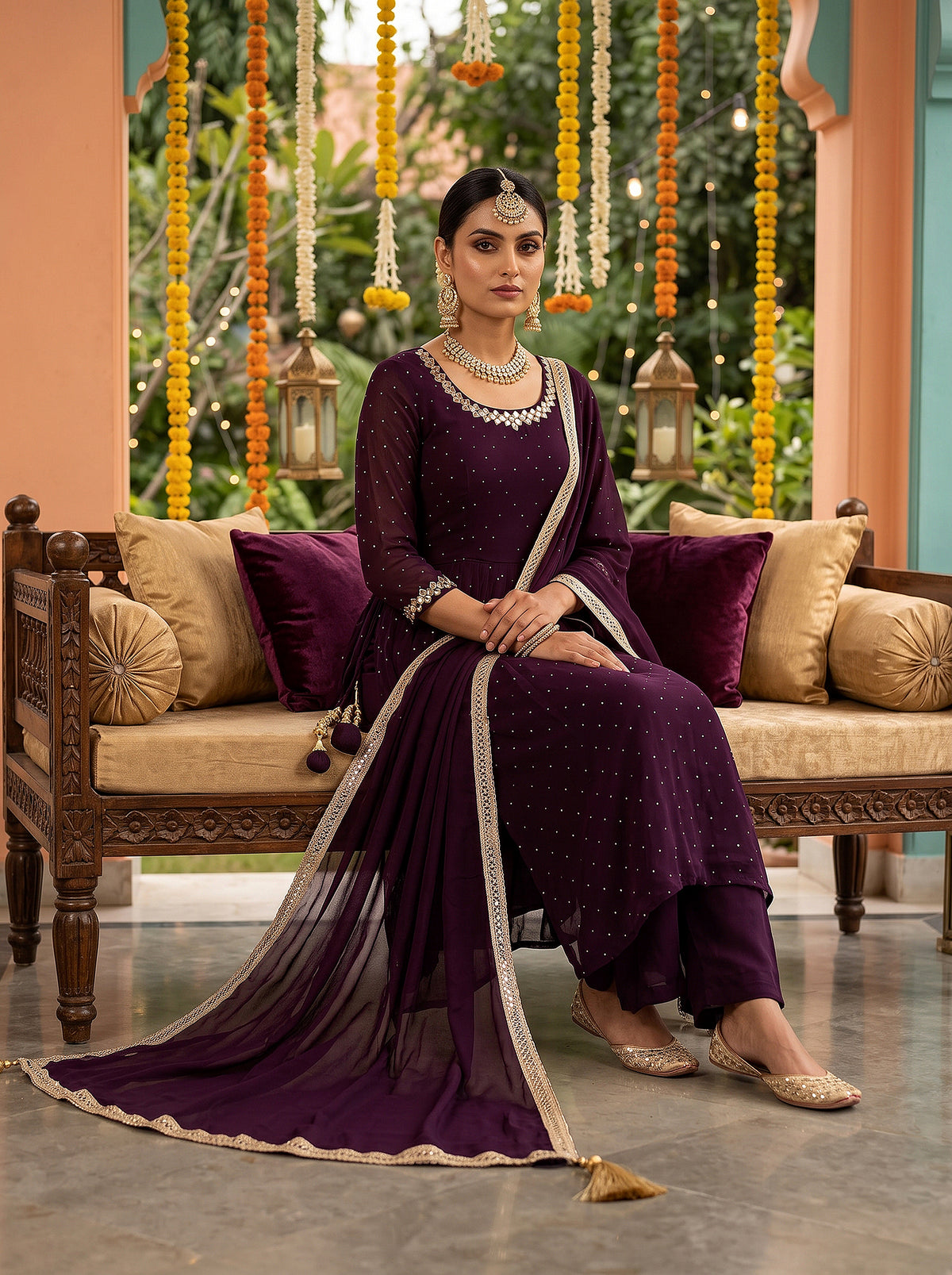 Festive Radiance | Wine Georgette Mirror Work Kurta Set | Palkhi Fashion