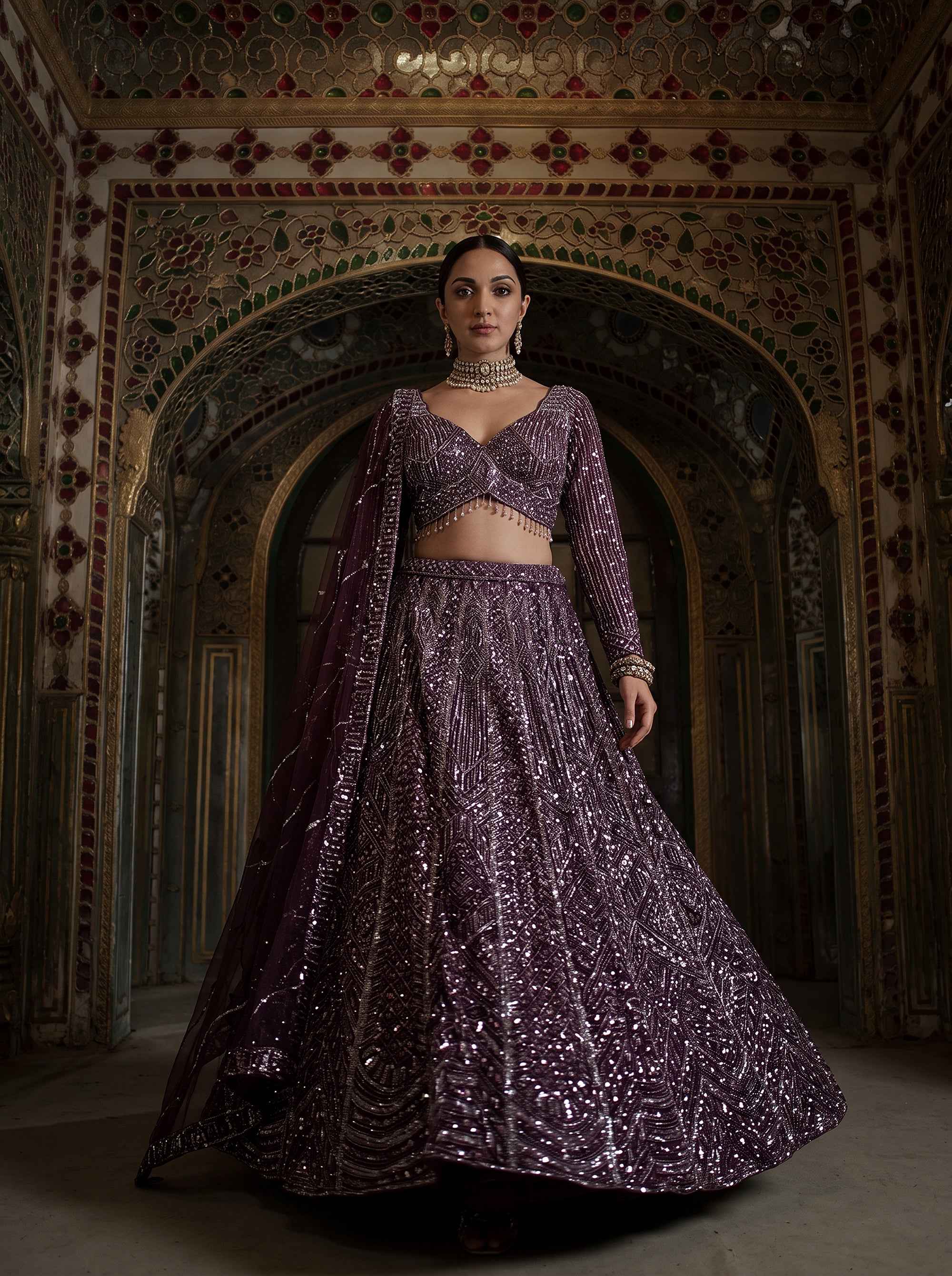 Royal Opulence | Wine Net Designer Lehenga Choli With Beads & Cutdana | Palkhi Fashion
