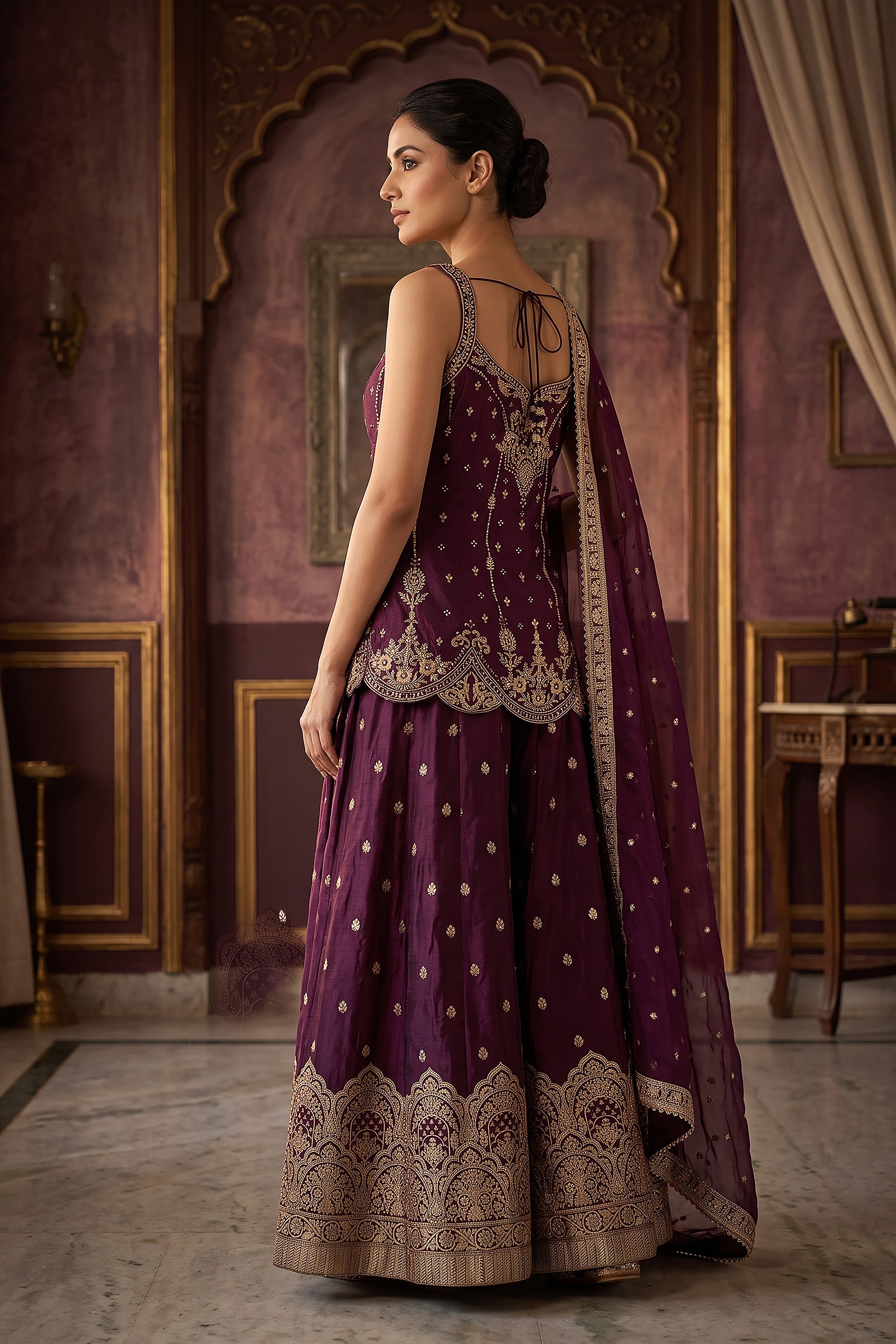 Majestic Wine Pure Silk Palazzo Suit With Mirror Work | Palkhi Fashion