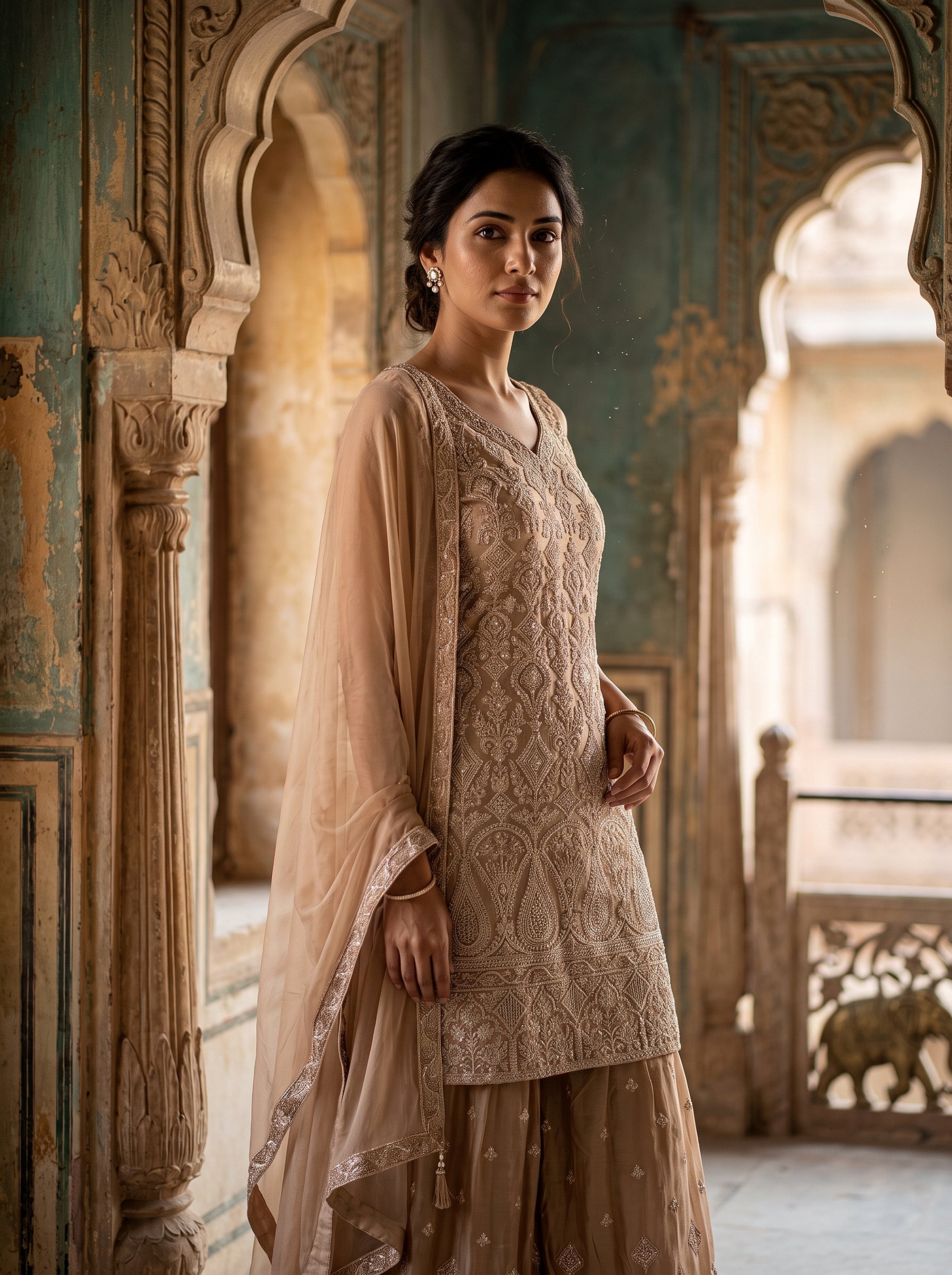 Ethereal Glow | Champagne Gold Embroidered Palazzo Suit with Resham Work | Palkhi Fashion