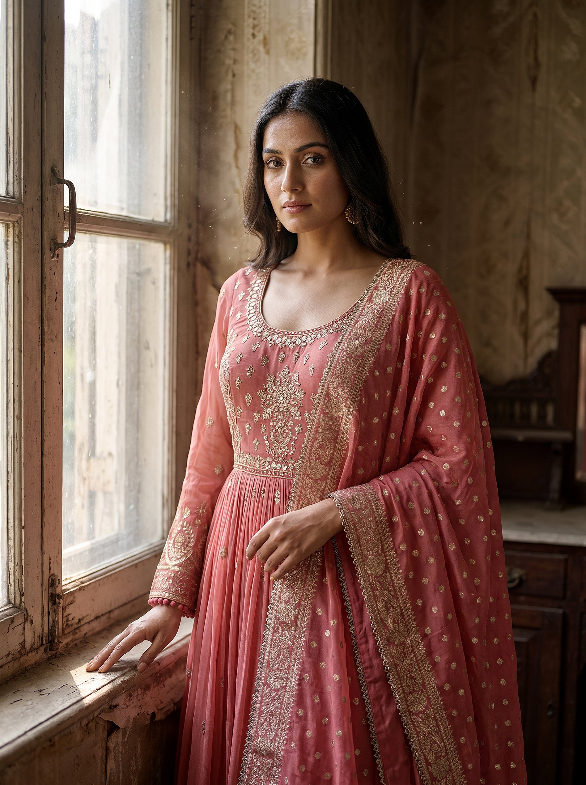 Luxurious Coral Pink Silk Anarkali Dress Embroidered Dupatta | Palkhi Fashion