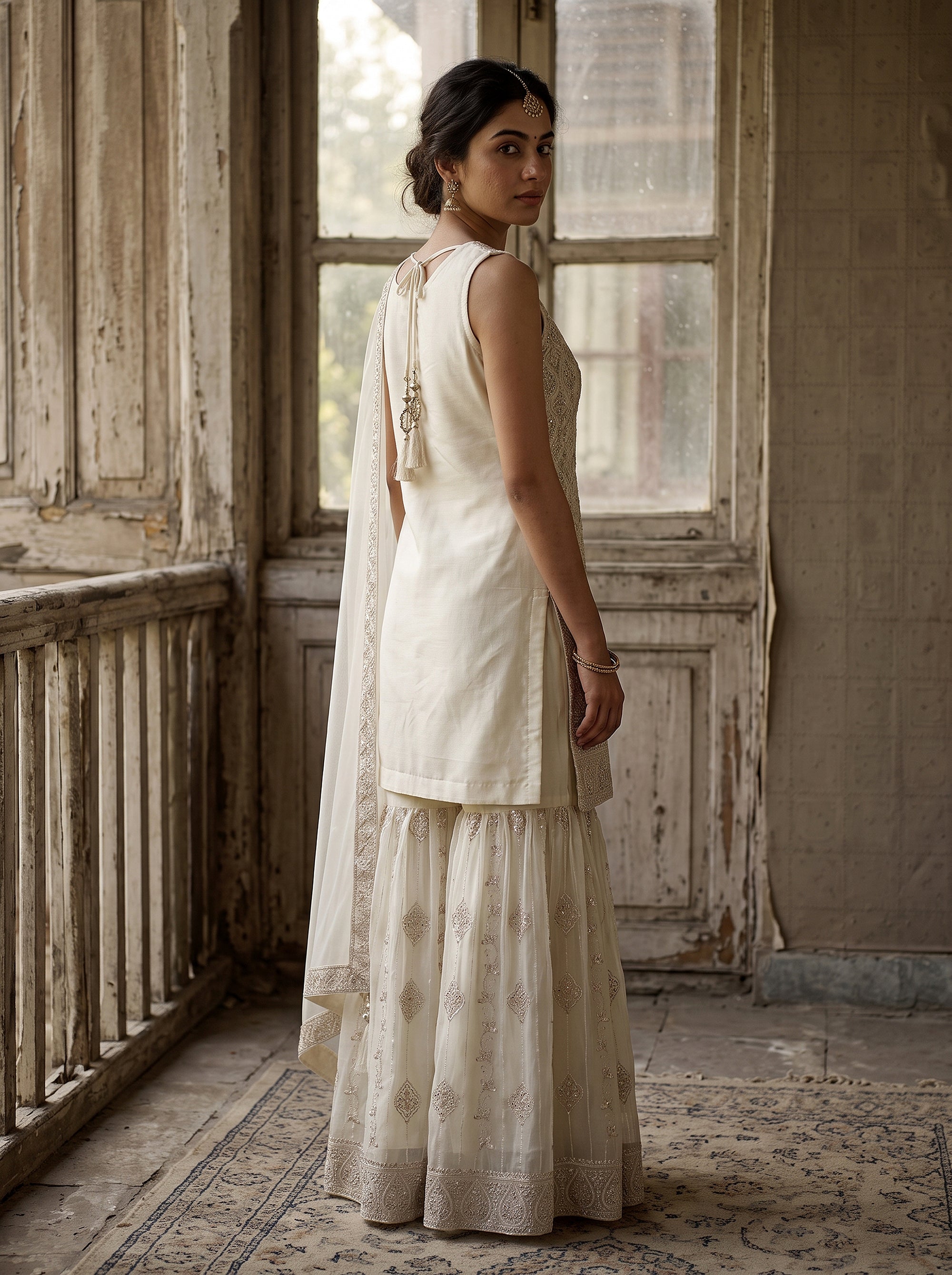 Ivory Elegance | Off-White Embroidered Front-Slit Kurta Palazzo Suit | Palkhi Fashion