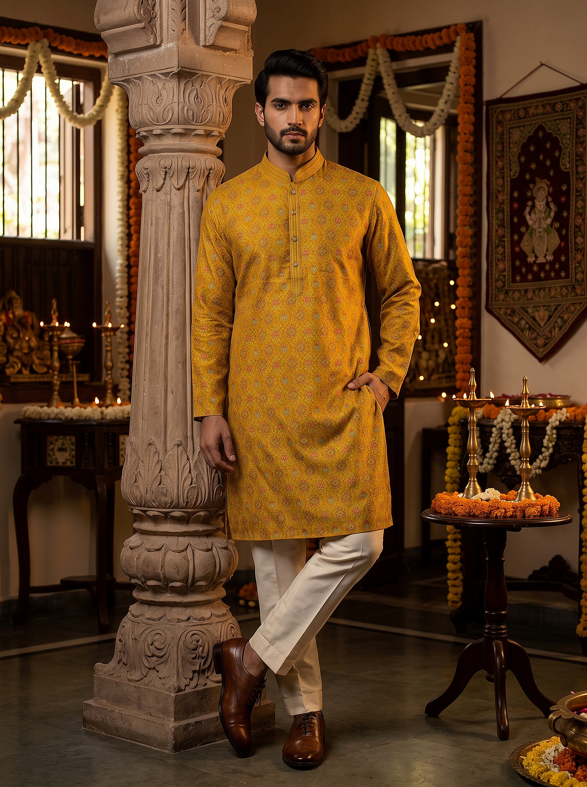 Radiant Sunshine | Yellow Cotton Silk Floral Print Kurta Set | Palkhi Fashion