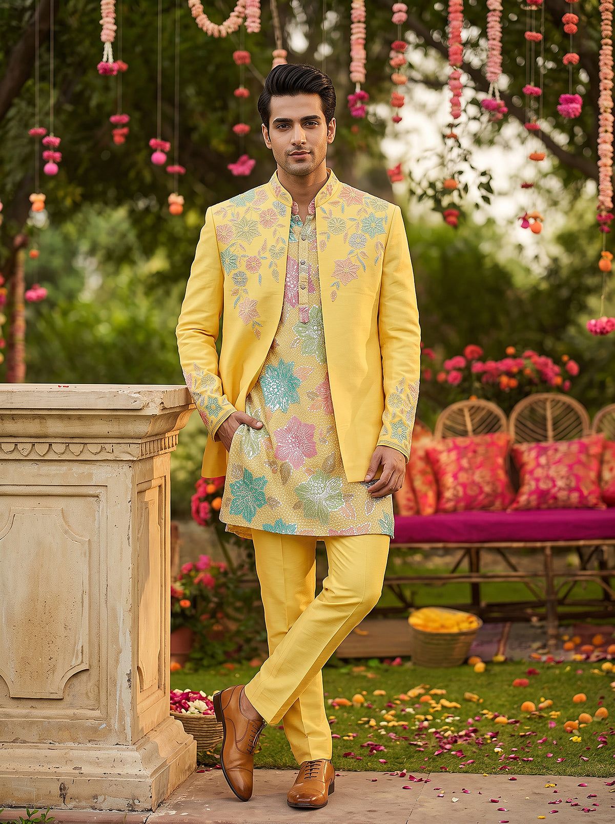 Sunlit Elegance | Yellow Indo-Western Kurta Set with Pastel Floral Embroidery | Palkhi Fashion