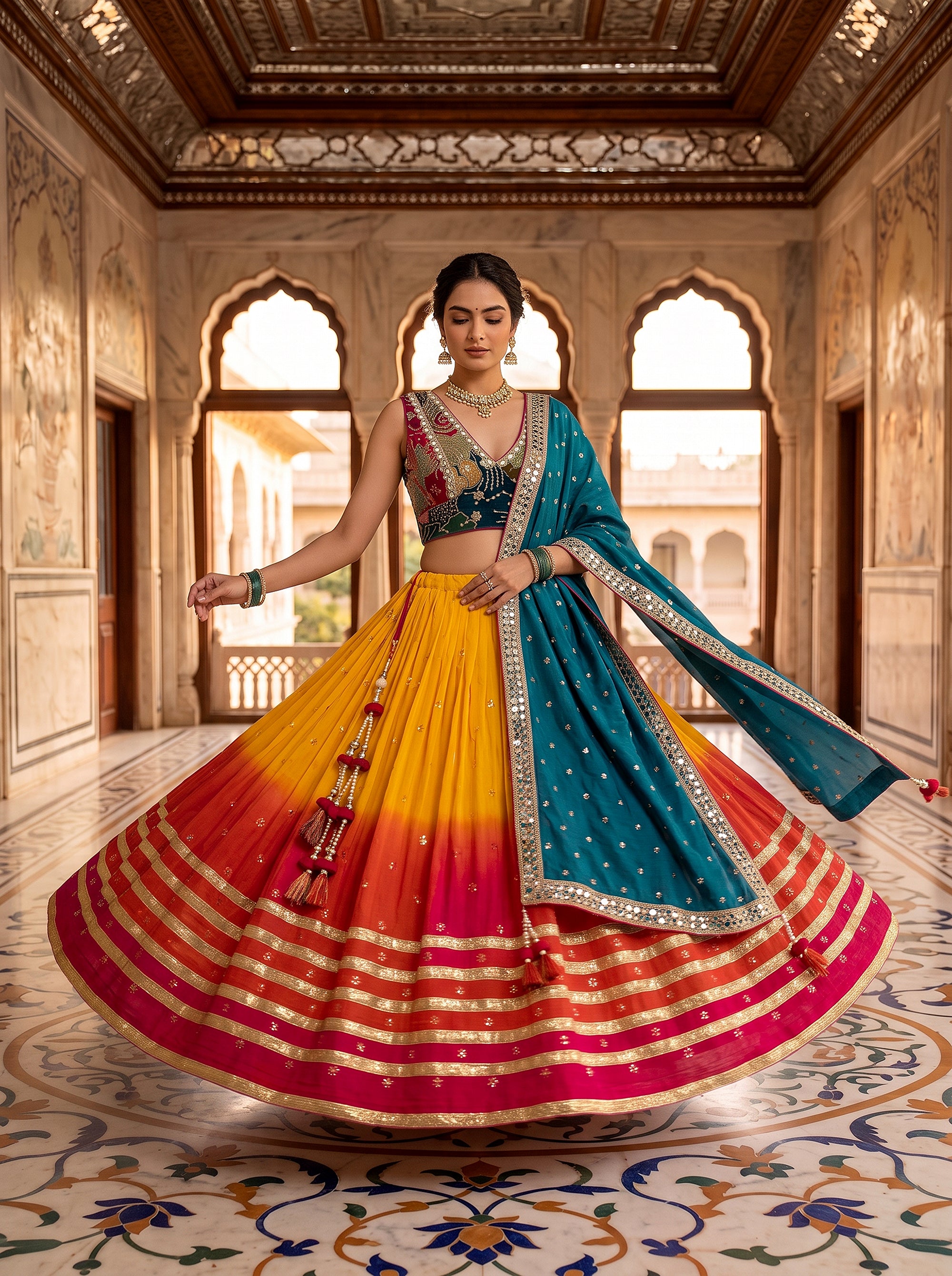 Festive Radiance | Yellow Sunset Ombre Mirrorwork Georgette Chaniya Choli | Palkhi Fashion