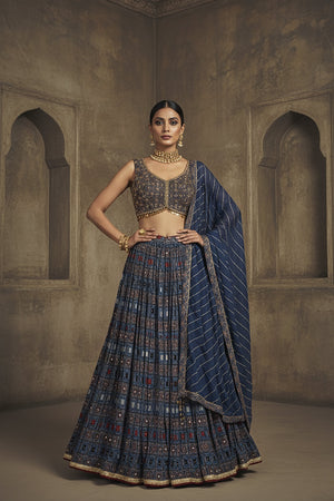 Ajrakh Elegance: Blue Ajrakh Lehenga Choli with Hand - Embellished Blouse – Palkhi Fashion