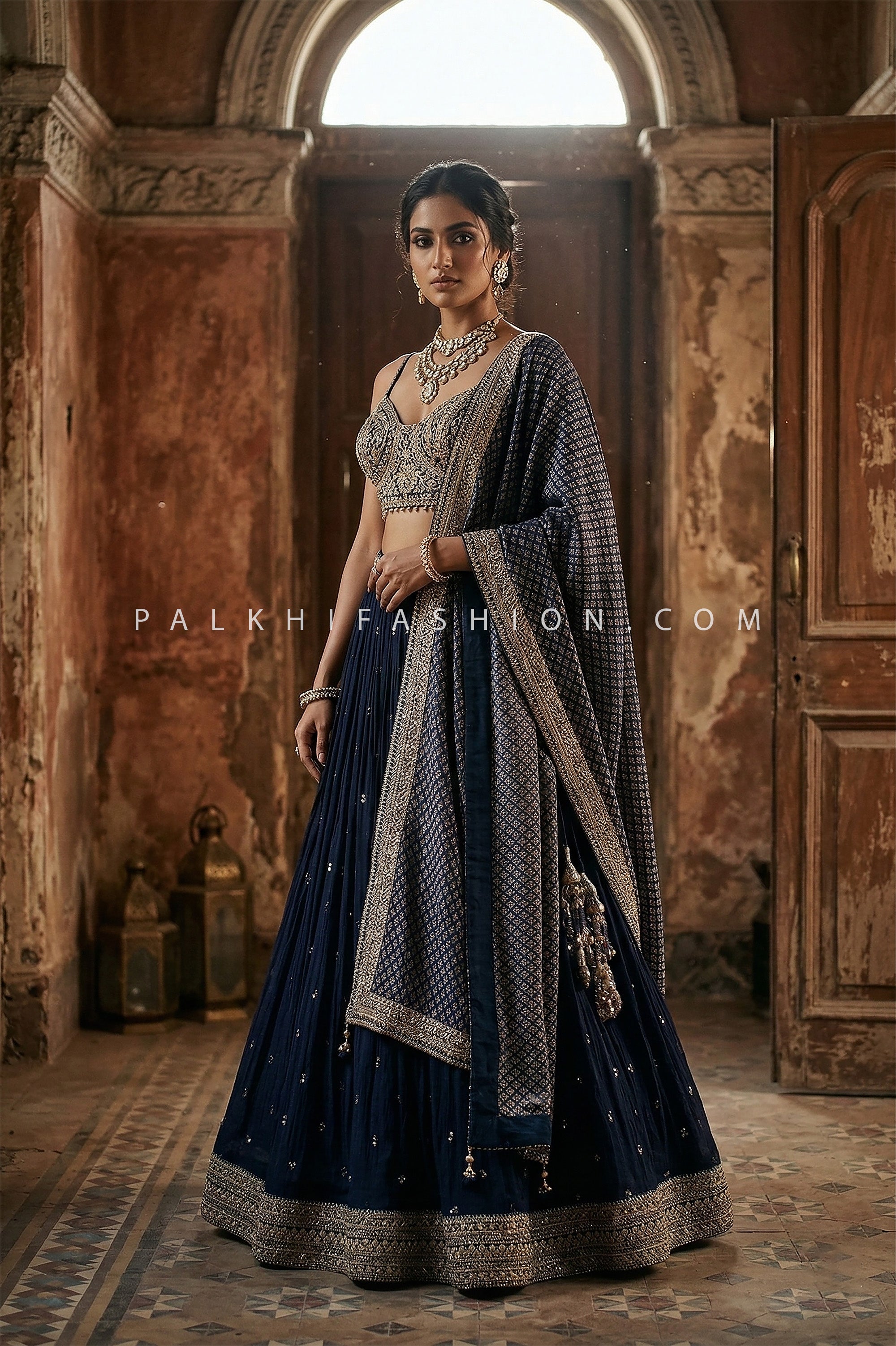 Ajrakh Heritage Glow - Navy Blue Designer Lehenga with Ajrakh Dupatta – Palkhi Fashion