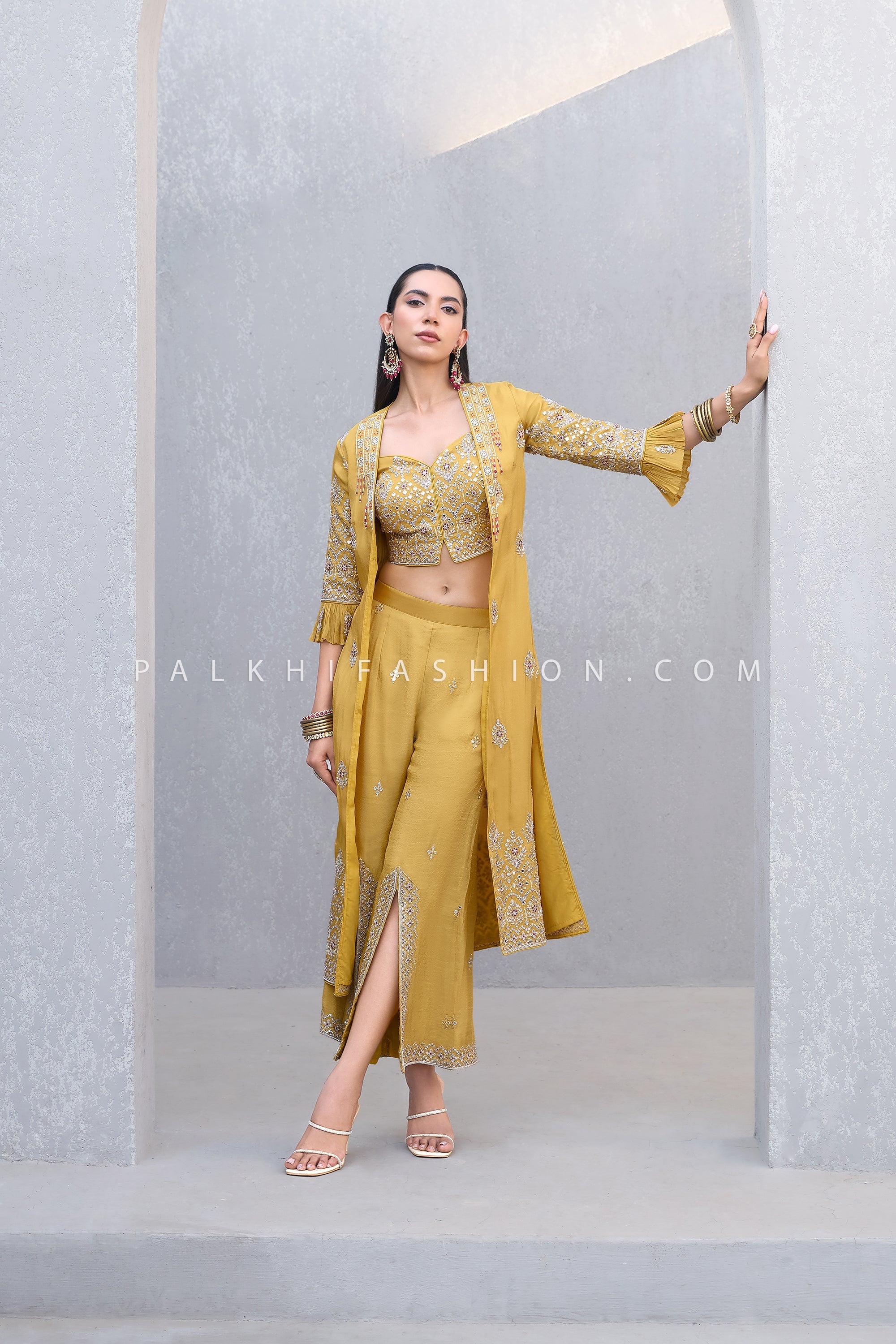 Alpine Sunshine: Hand - Embroidered Crop Top Jacket & Palazzo Set ā Palkhi Fashion