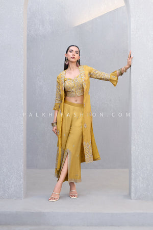 Alpine Sunshine: Hand - Embroidered Crop Top Jacket & Palazzo Set – Palkhi Fashion