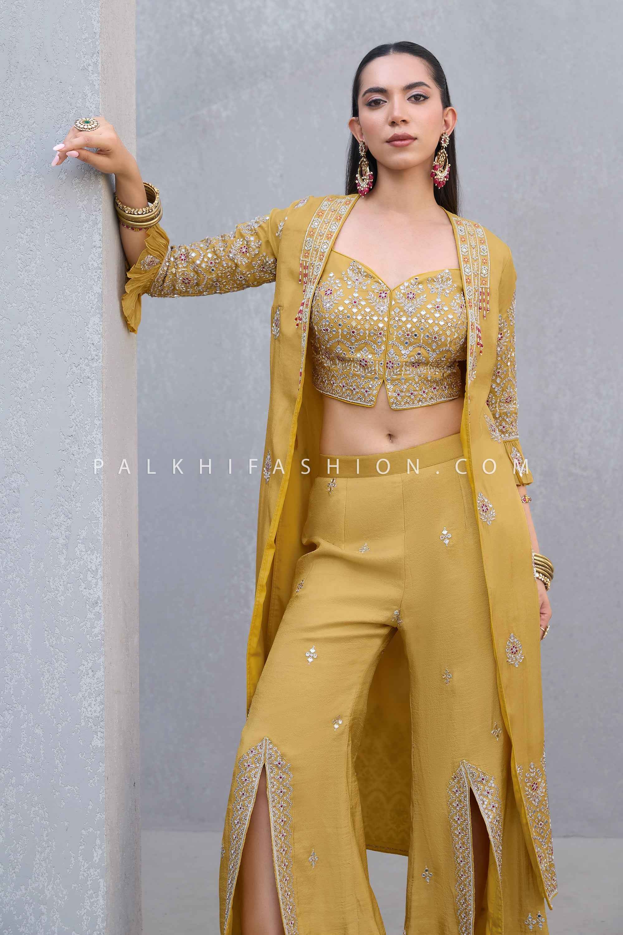 Alpine Sunshine: Hand-Embroidered Crop Top Jacket & Palazzo Set – Palkhi Fashion