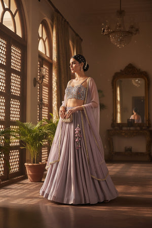 Amethyst Aura: Pure Georgette Lilac Lehenga Choli with Handwork Top – Palkhi Fashion