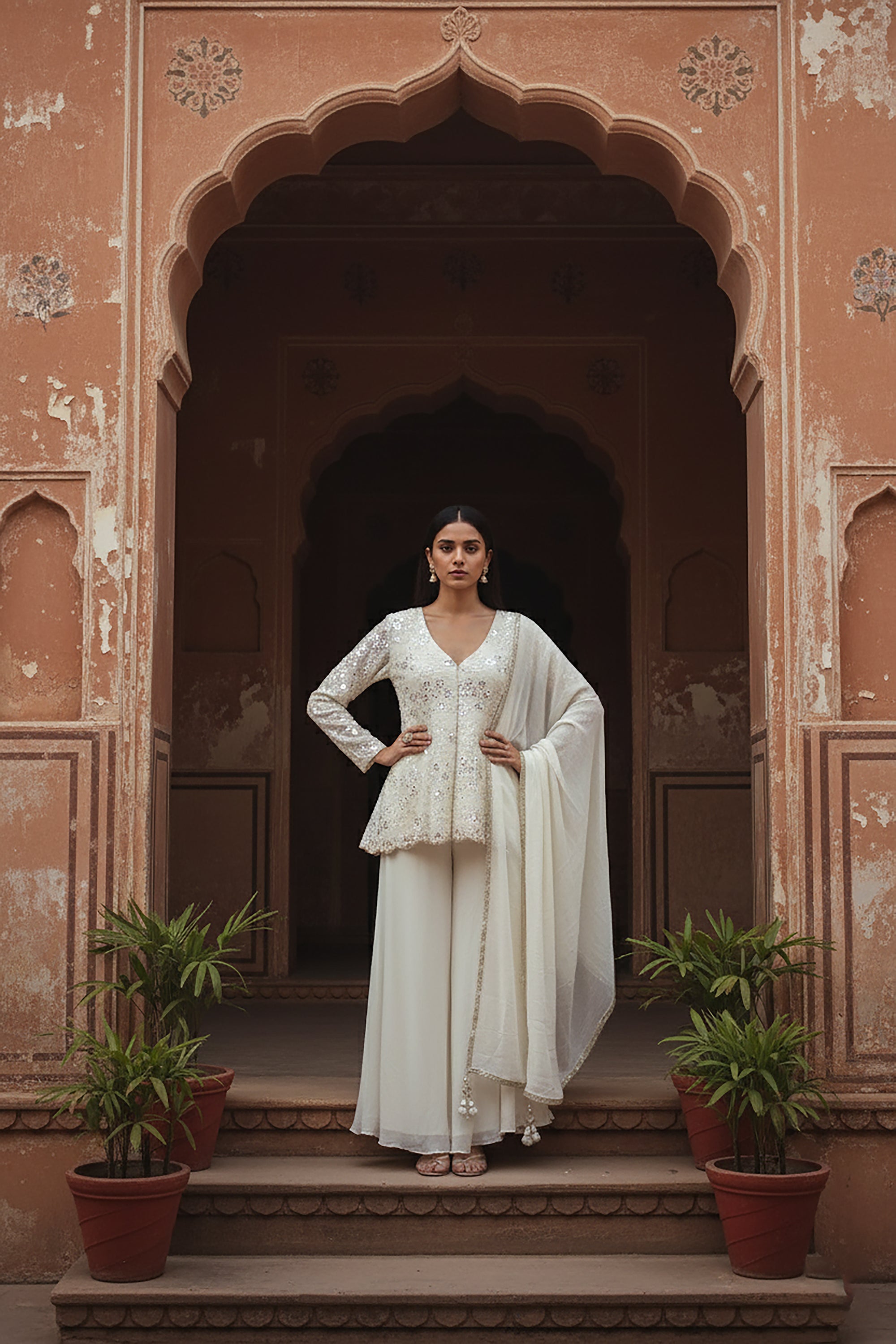 🤍 An Ivory Dream: Off - White Georgette Peplum Palazzo Outfit with Beadwork – Palkhi Fashion
