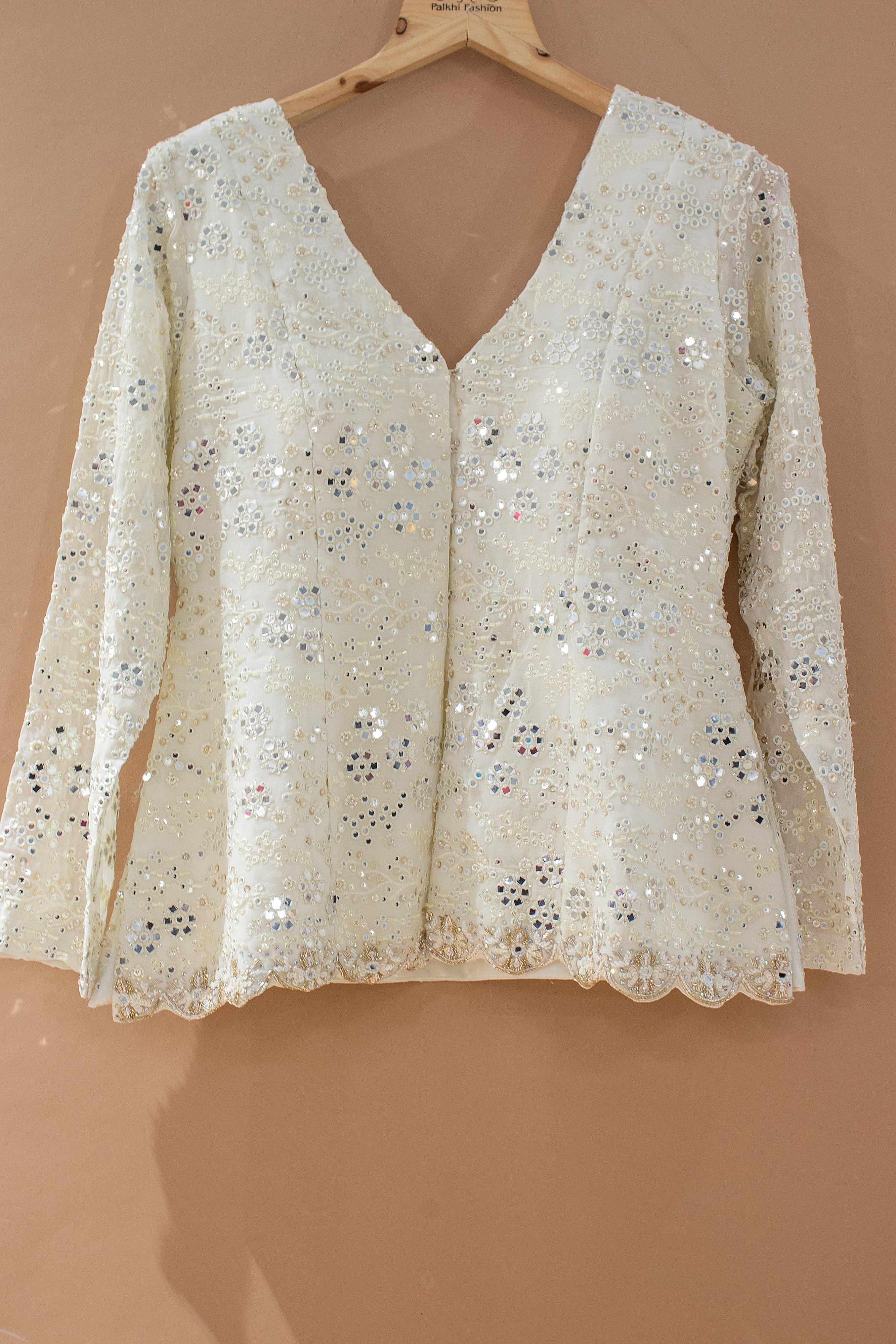 🤍 An Ivory Dream: Off - White Georgette Peplum Palazzo Outfit with Beadwork – Palkhi Fashion