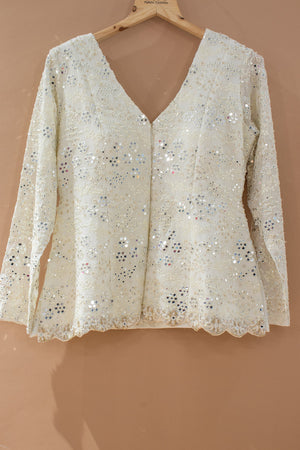 🤍 An Ivory Dream: Off - White Georgette Peplum Palazzo Outfit with Beadwork – Palkhi Fashion