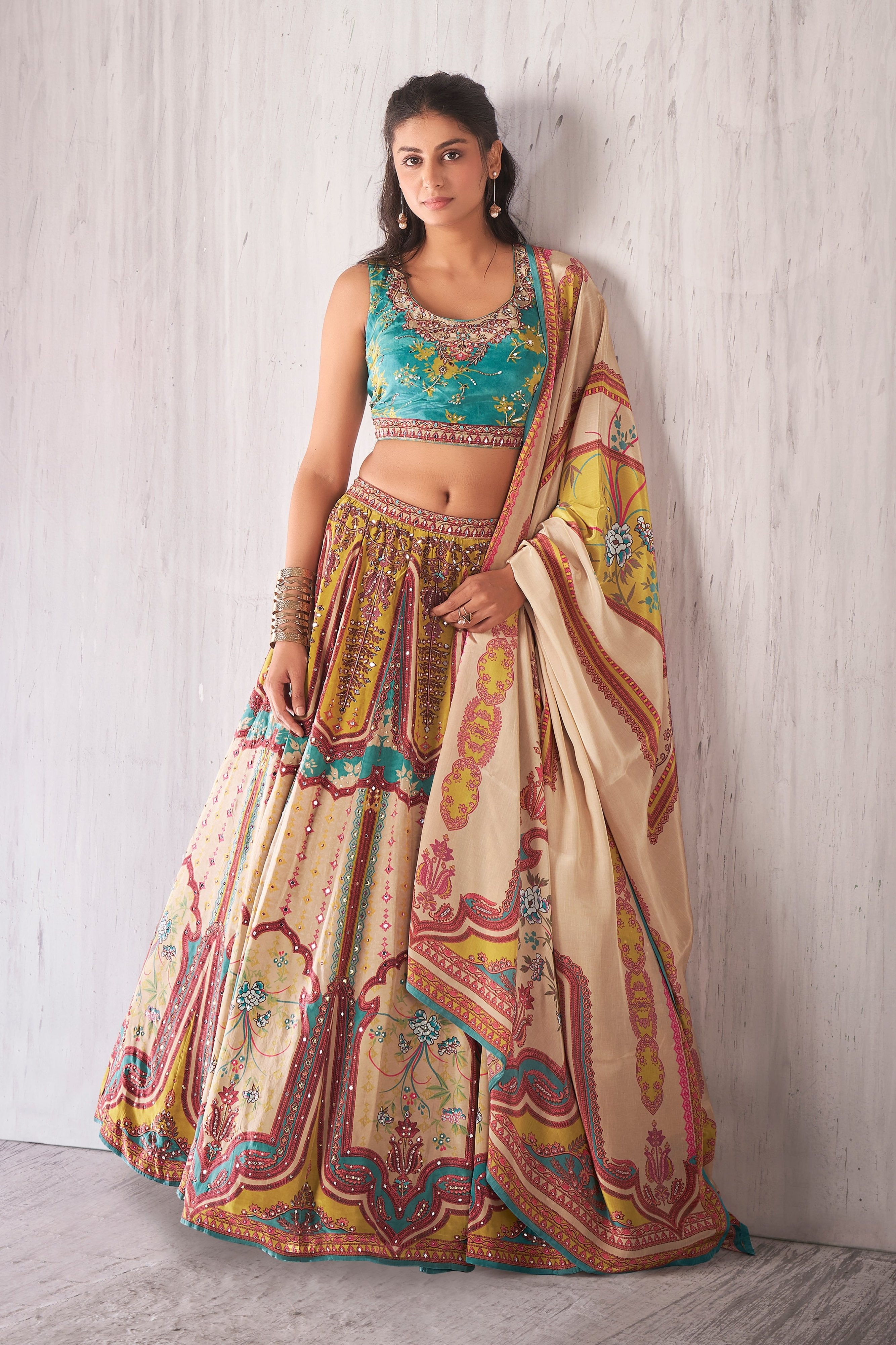 Artisan Multi Color Designer Lehenga Choli Set with Embellished Blouse & Dupatta