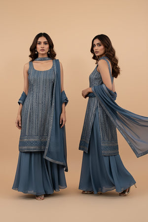 Artisanal Sequin Embellished Palazzo Outfit in Dusk Blue – Palkhi Fashion