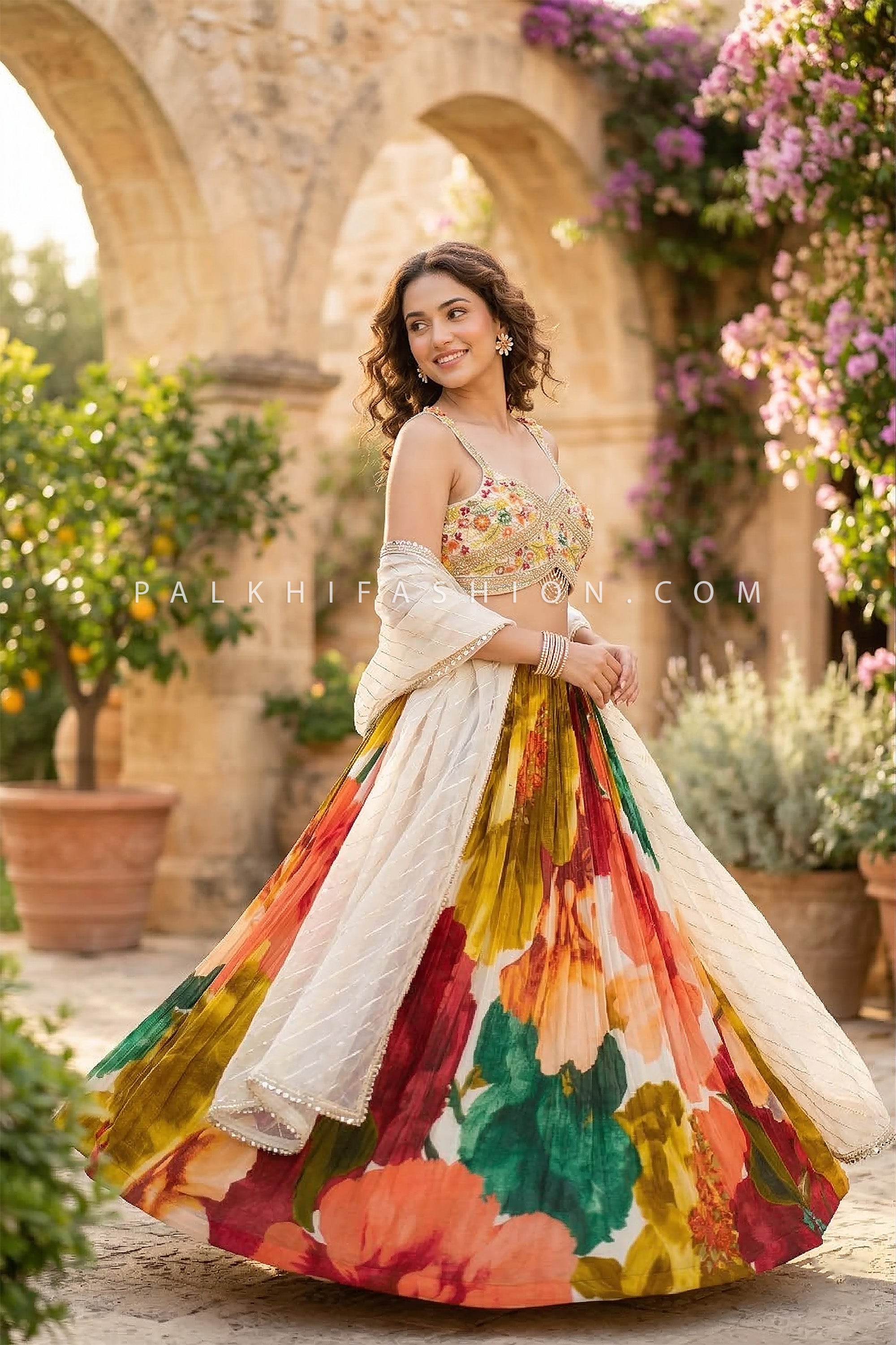 Artistic Floral Statement – Hand - Painted Pleated Lehenga with Designer Blouse – Palkhi Fashion