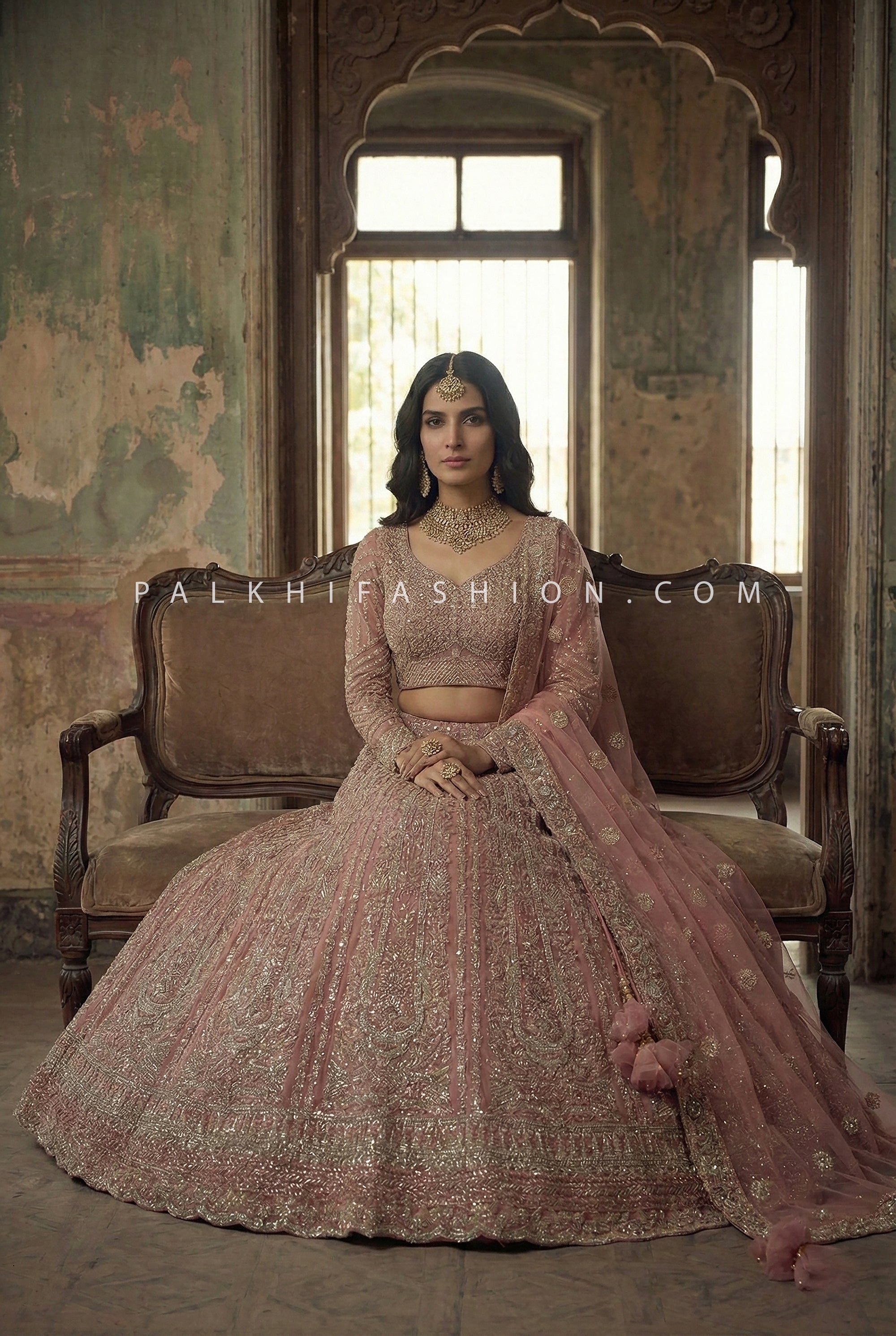 Aurelia Rose — Rose Gold Designer Lehenga with Pearl & Stone Handwork | Palkhi Fashion