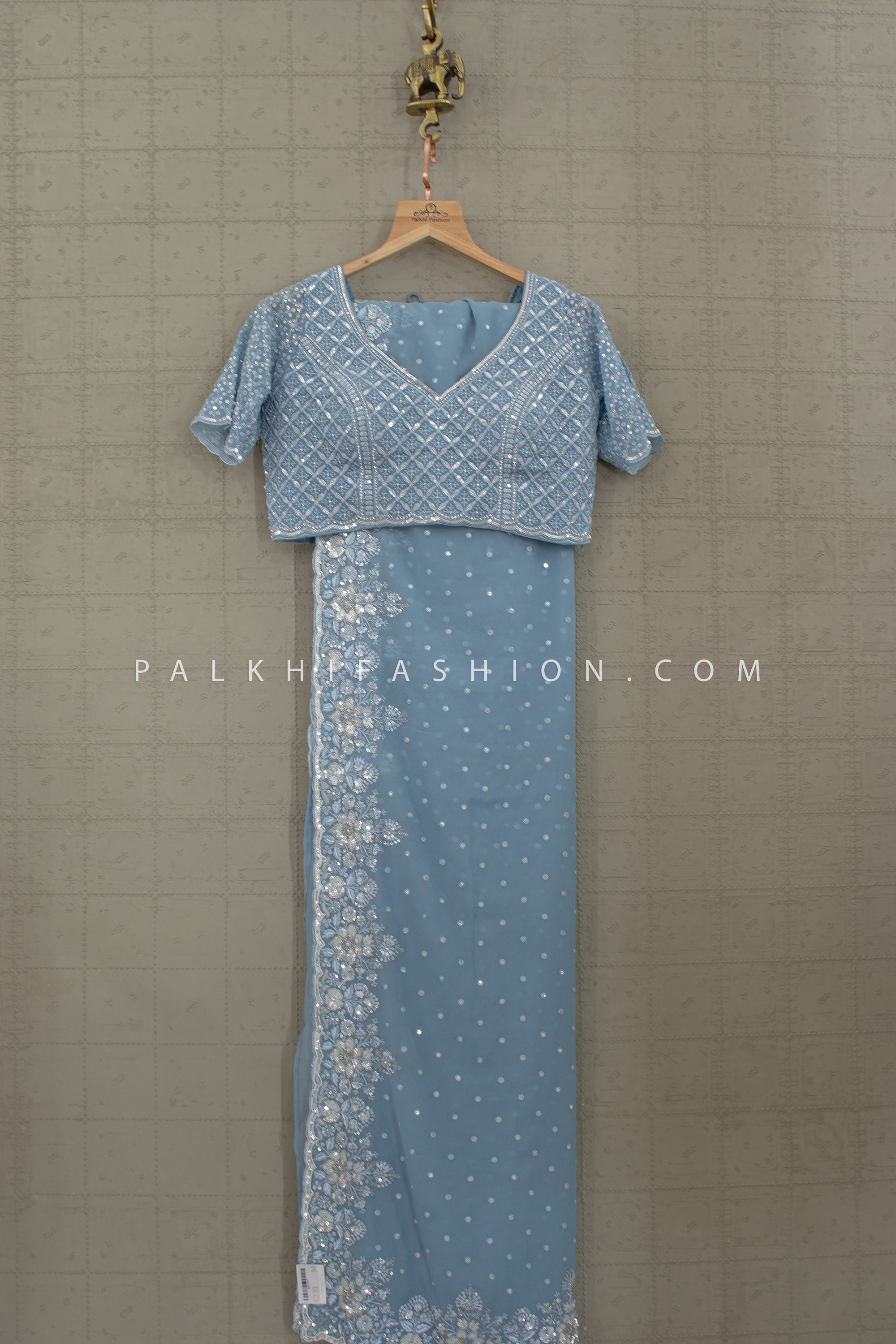 Azure Whisper Charm – Pastel Blue Embroidered Saree Set – Palkhi Fashion Houston