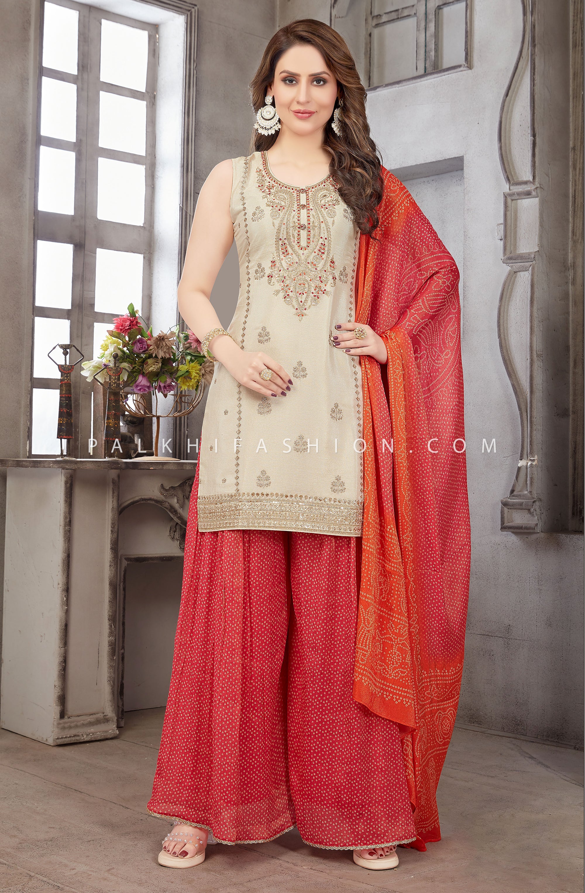 Bandhani Bloom: Ivory Straight - Cut Kurti with Bandhani Palazzo & Dupatta