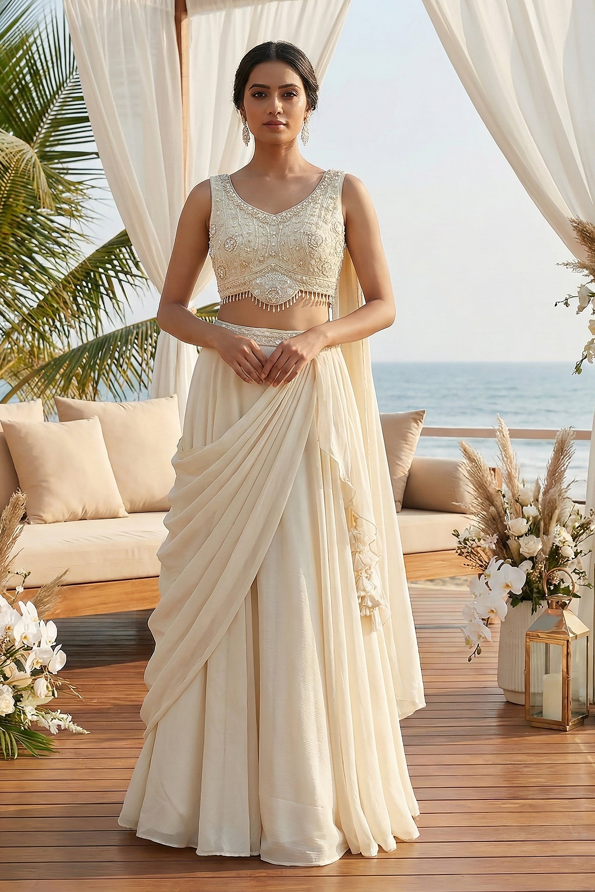 Beachside Aisle: Champagne Pre - Pleated Lehenga Choli with Beaded Blouse & Attached Dupatta ā Palkhi Fashion