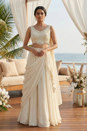 Beachside Aisle: Champagne Pre - Pleated Lehenga Choli with Beaded Blouse & Attached Dupatta – Palkhi Fashion