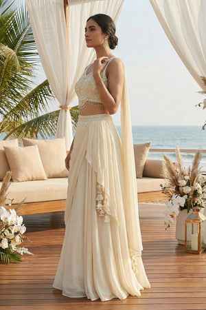 Beachside Aisle: Champagne Pre - Pleated Lehenga Choli with Beaded Blouse & Attached Dupatta – Palkhi Fashion