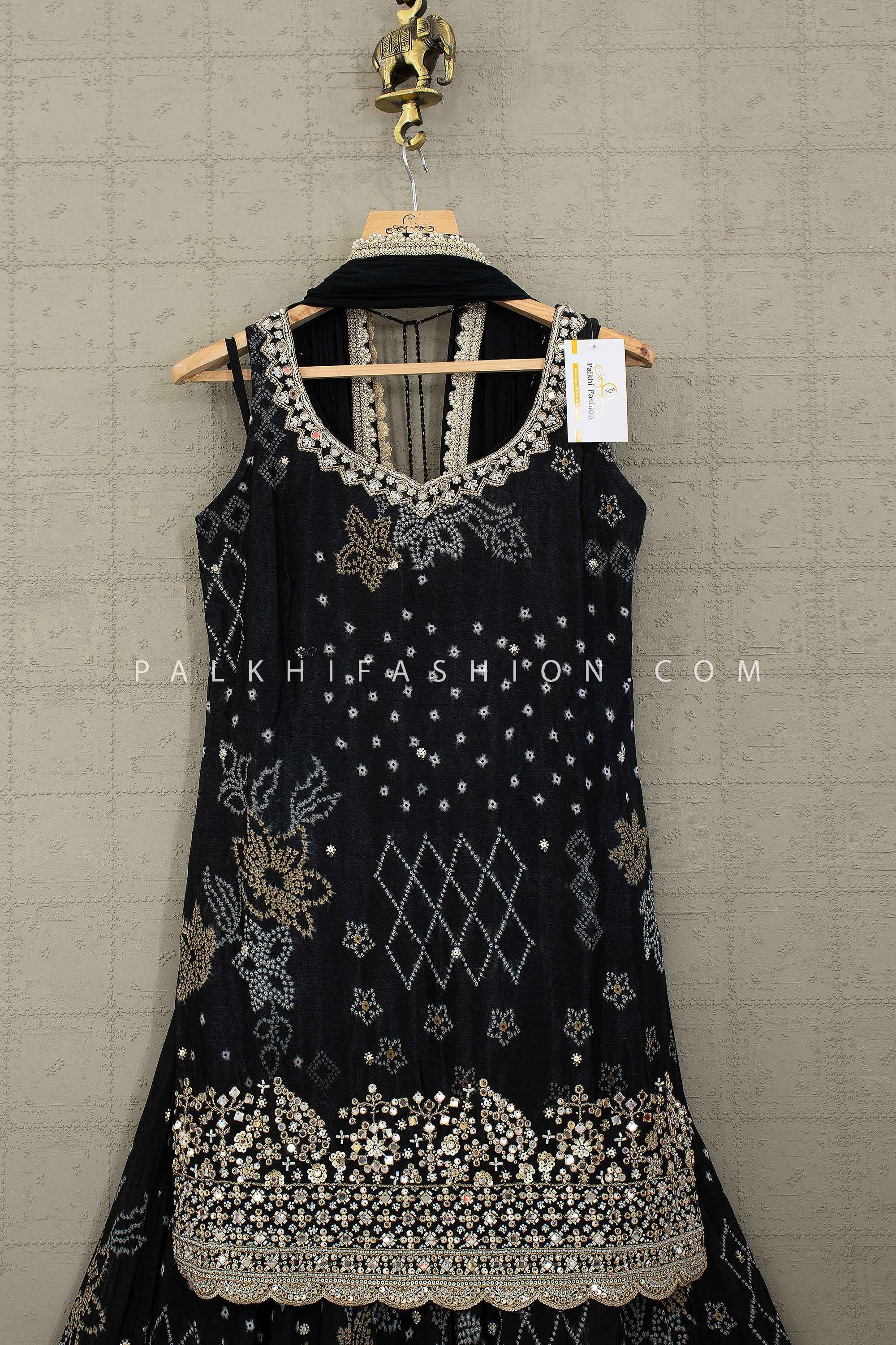 Black Bandhani Palazzo Suit with Hand-Embroidery & Beads – Palkhi Fashion Houston