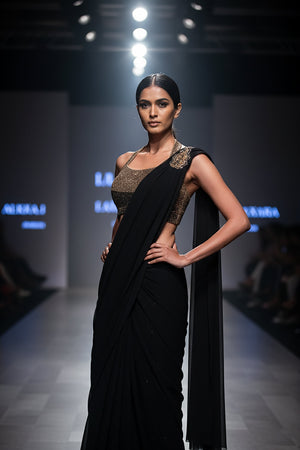 Black Pre - Draped Designer Saree with Metallic Gold Halter Blouse – Palkhi Fashion