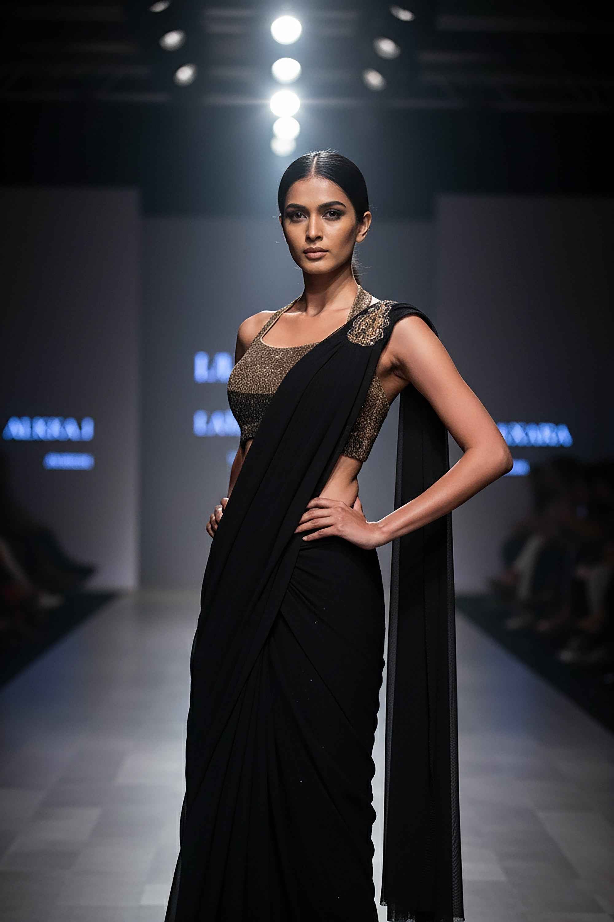 Black Pre-Draped Designer Saree with Metallic Gold Halter Blouse – Palkhi Fashion