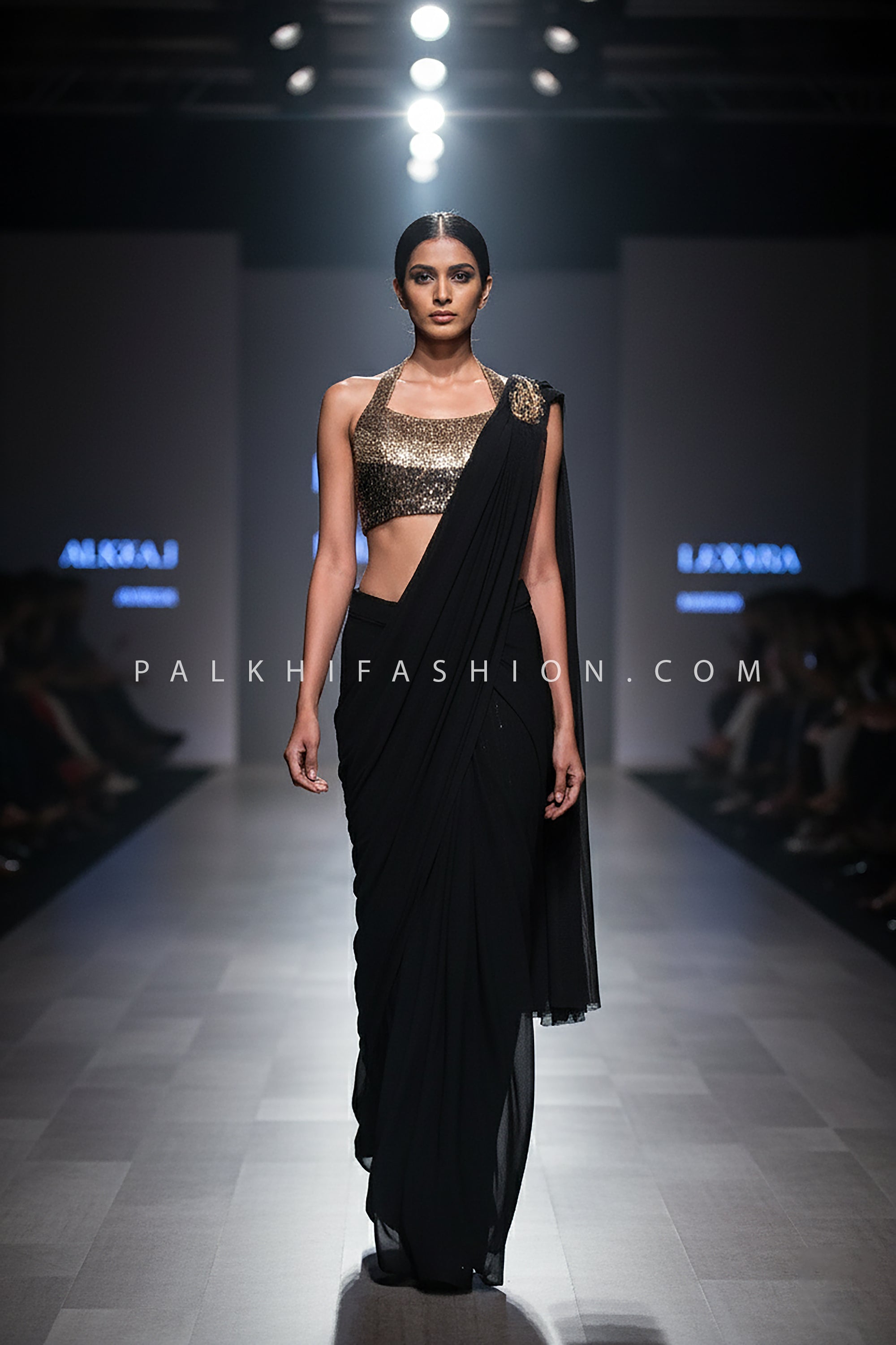 Black Pre - Draped Designer Saree with Metallic Gold Halter Blouse β Palkhi Fashion