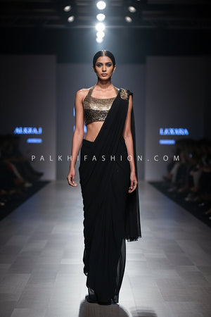 Black Pre - Draped Designer Saree with Metallic Gold Halter Blouse – Palkhi Fashion