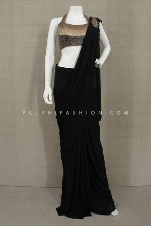 Black Pre - Draped Designer Saree with Metallic Gold Halter Blouse – Palkhi Fashion