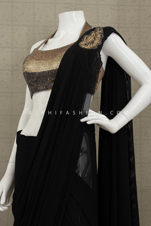 Black Pre - Draped Designer Saree with Metallic Gold Halter Blouse – Palkhi Fashion