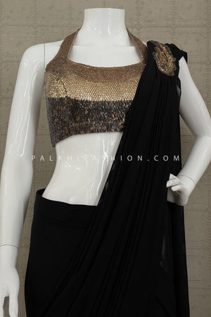 Black Pre - Draped Designer Saree with Metallic Gold Halter Blouse – Palkhi Fashion