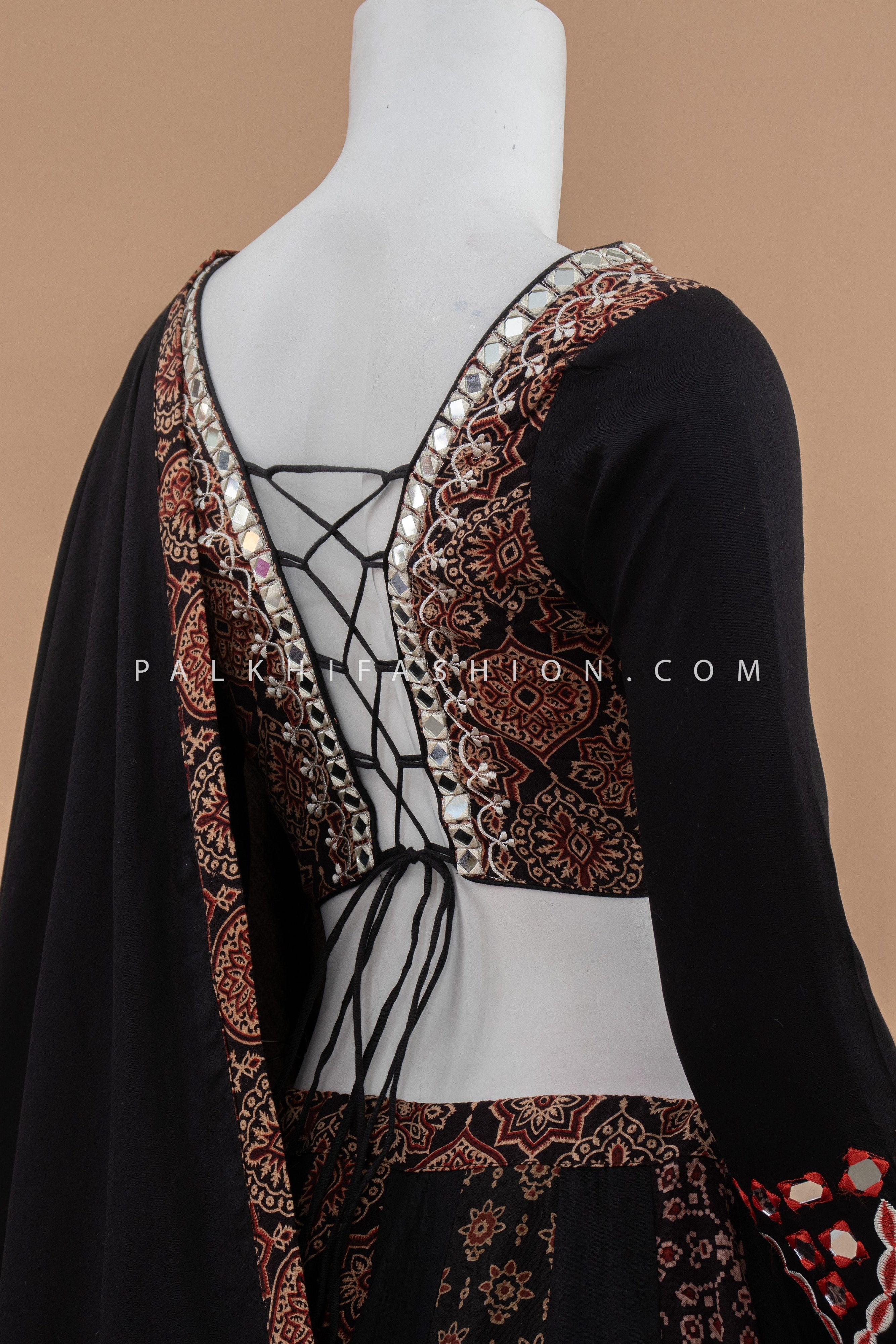 Black Premium Cotton Silk Chaniya Choli with Ajrakh & Mirror Work – Palkhi Fashion