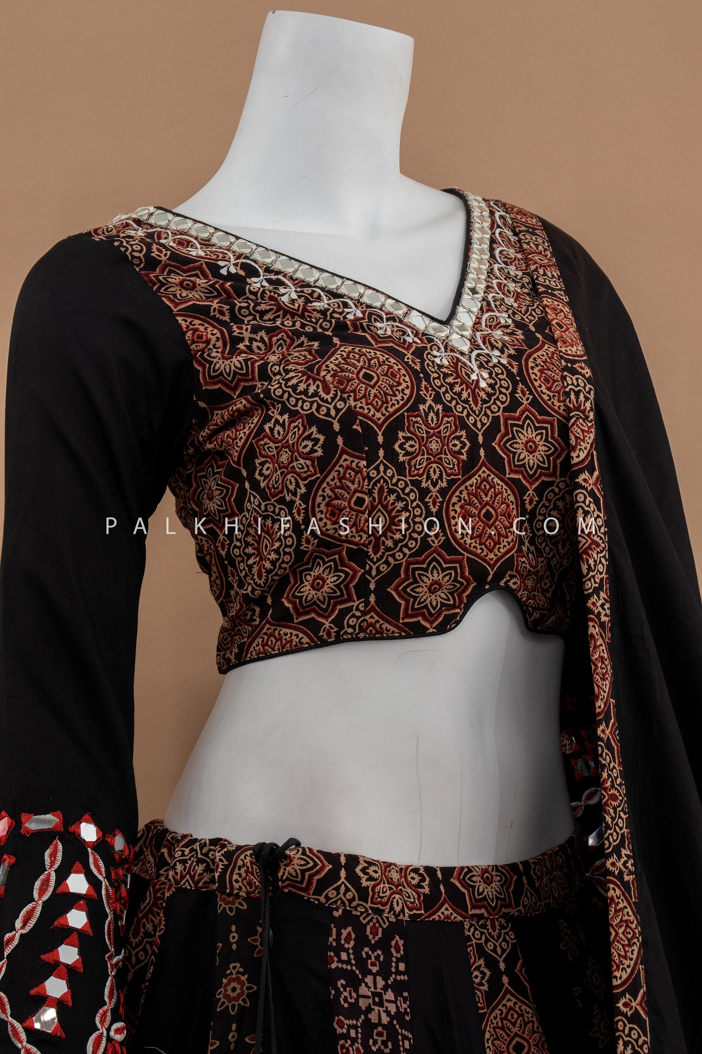 Black Premium Cotton Silk Chaniya Choli with Ajrakh & Mirror Work – Palkhi Fashion