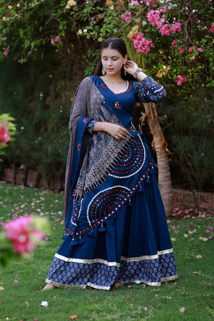 Blue Designer Navratri Chaniya Choli with Ajarakh & Mirror Work – Palkhi Fashion