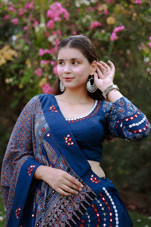 Blue Designer Navratri Chaniya Choli with Ajarakh & Mirror Work – Palkhi Fashion